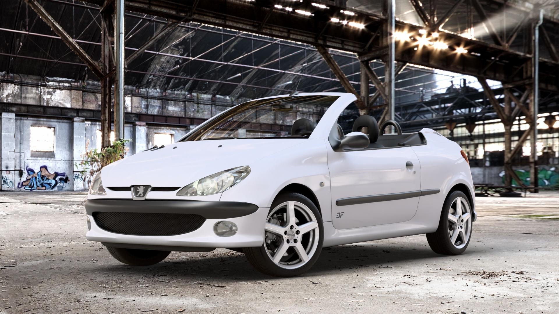 DEZENT TY SILVER Felge mit Reifen silber in 16Zoll Winterfelge Alufelge auf weissem Peugeot 206 CC 1,6l HDi FAP 80kW (109 PS) 16V 2,0l 100kW (136 ⬇️ mit 15mm Tieferlegung ⬇️ Old Industrial Hall_max_4400mm_2024 Frontansicht_1