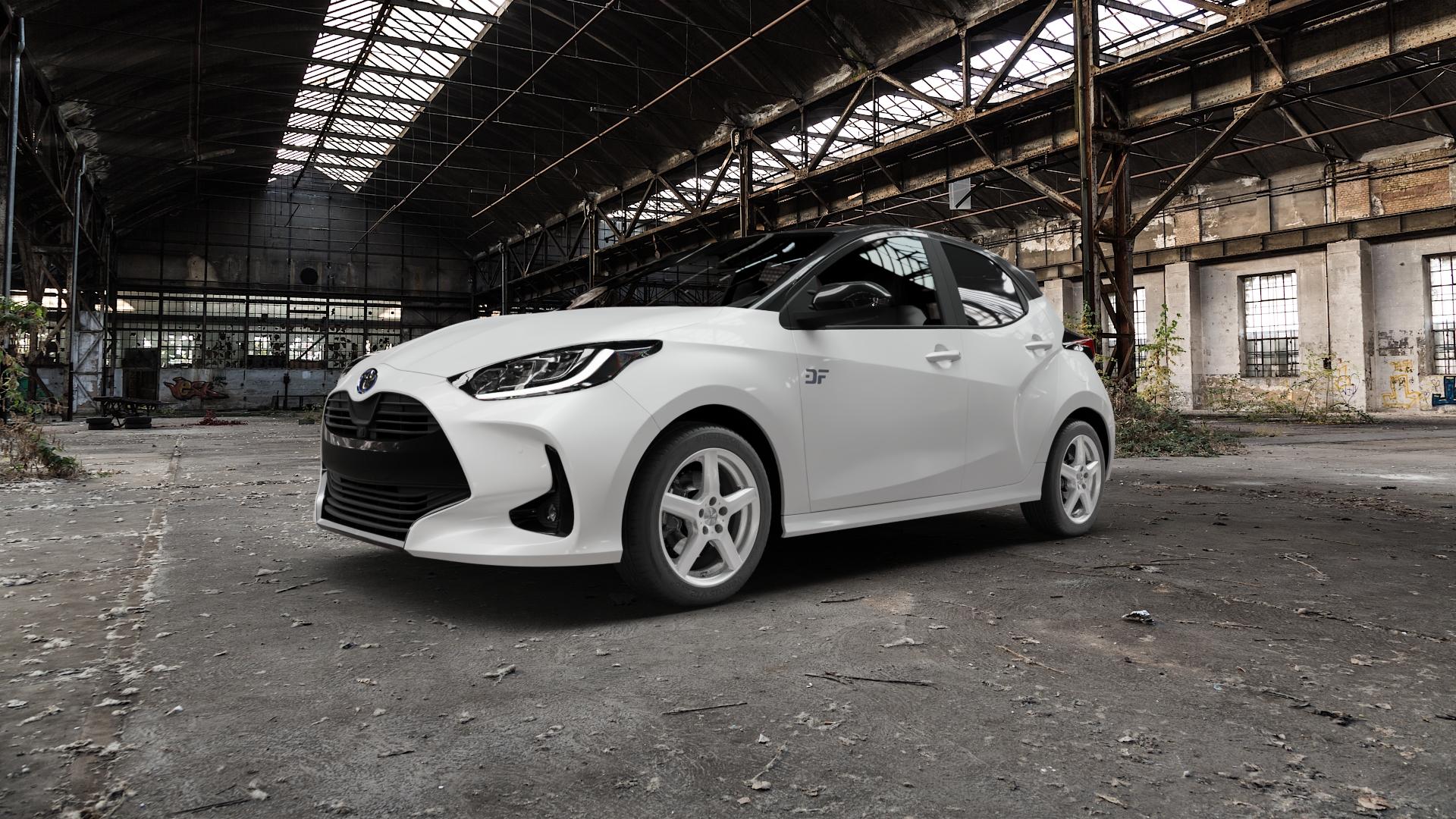 DEZENT TY SILVER Felge mit Reifen silber in 16Zoll Winterfelge Alufelge auf weissem Toyota Yaris IV Typ XPA1F(EU,M) XPA1F(EUM)-TGRE ⬇️ mit 15mm Tieferlegung ⬇️ Old Industrial Hall_max5000mm_2022 Frontansicht_1