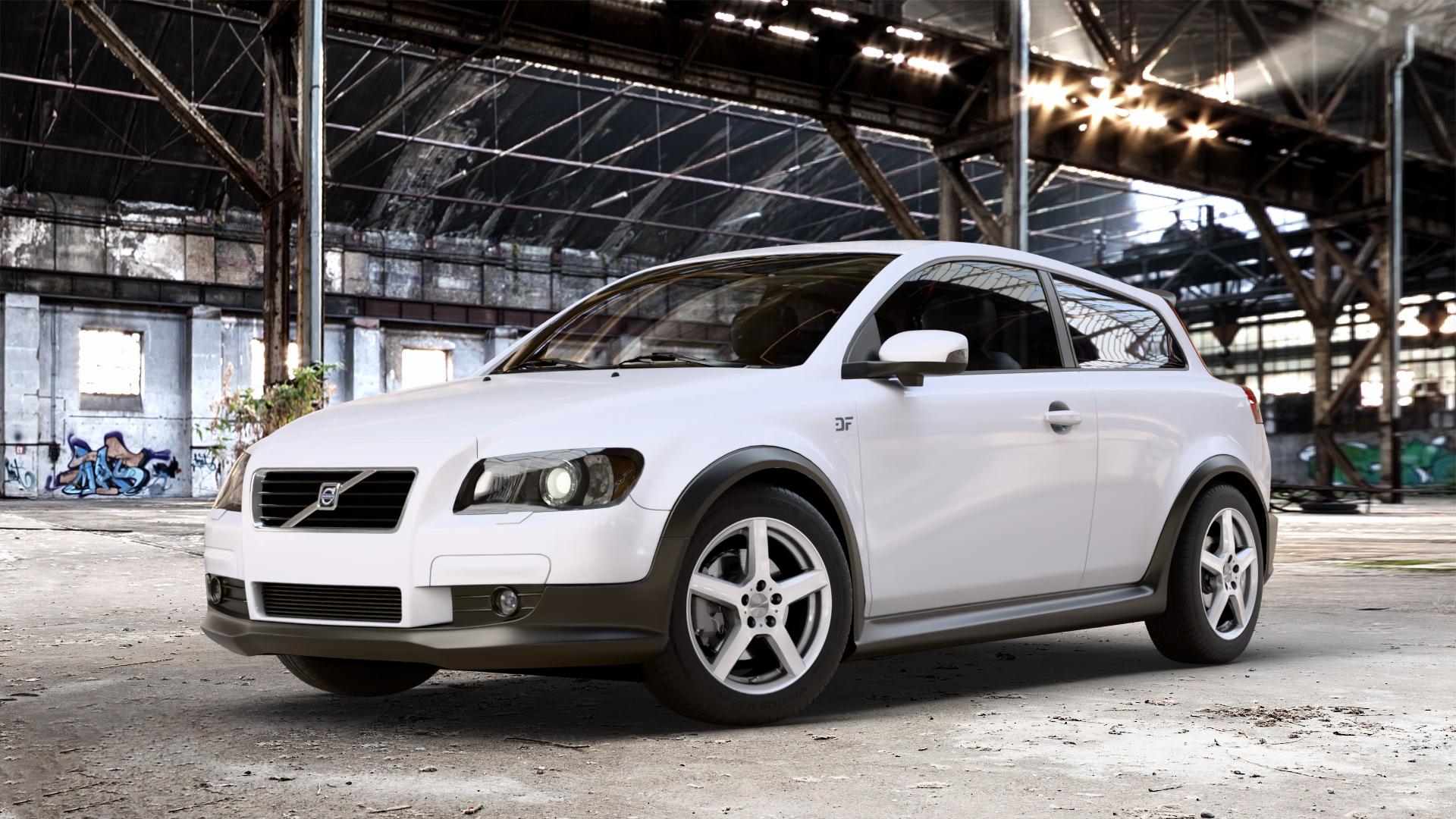 DEZENT TY SILVER Felge mit Reifen silber in 16Zoll Winterfelge Alufelge auf weissem Volvo C30 ⬇️ mit 15mm Tieferlegung ⬇️ Old Industrial Hall_max_4400mm_2024 Frontansicht_1