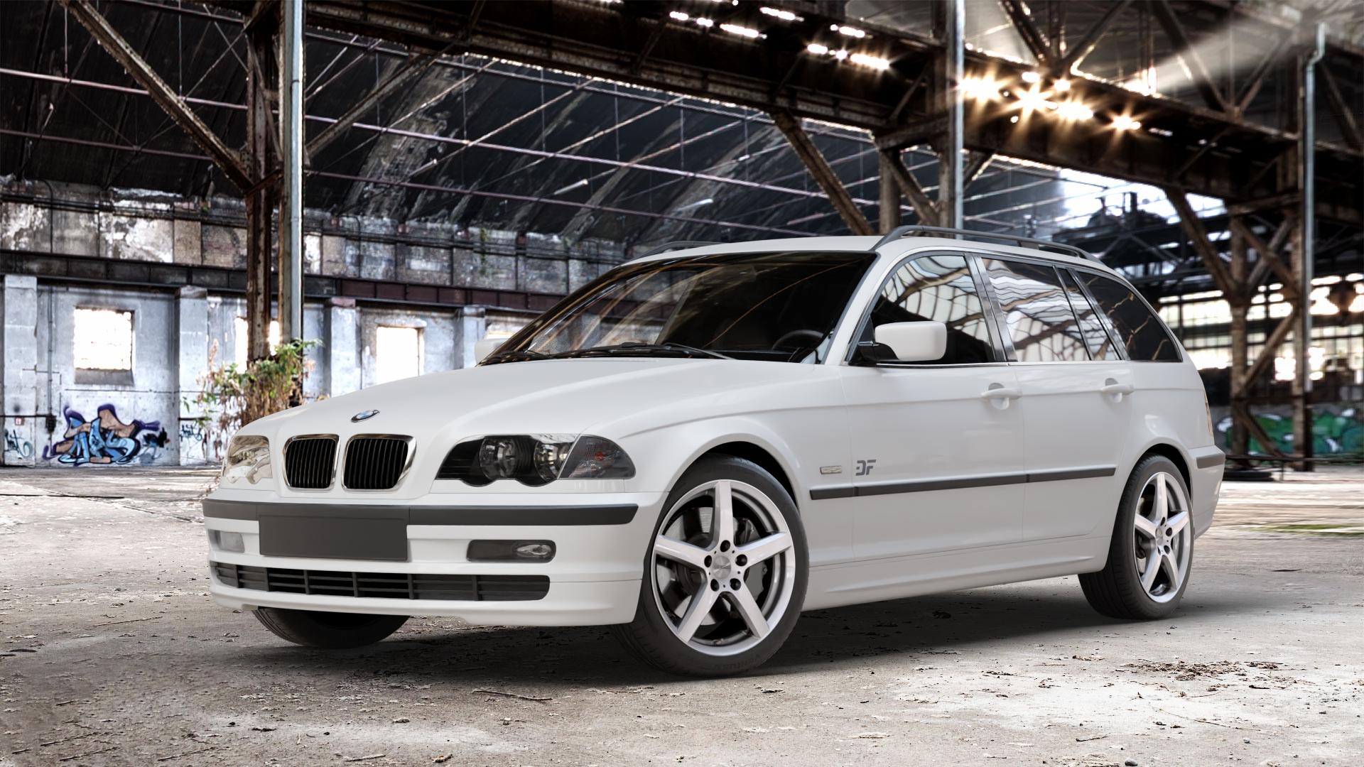 DEZENT TY SILVER Felge mit Reifen silber in 17Zoll Winterfelge Alufelge auf weissem BMW 316i Typ E46 (Touring) 318d 318i 320d 320i 325i 325xi 328i 330d 330i 330xd 330xi 3er Touring (346L) ⬇️ mit 15mm Tieferlegung ⬇️ Old Industrial Hall_max_4400mm_2024 Frontansicht_1