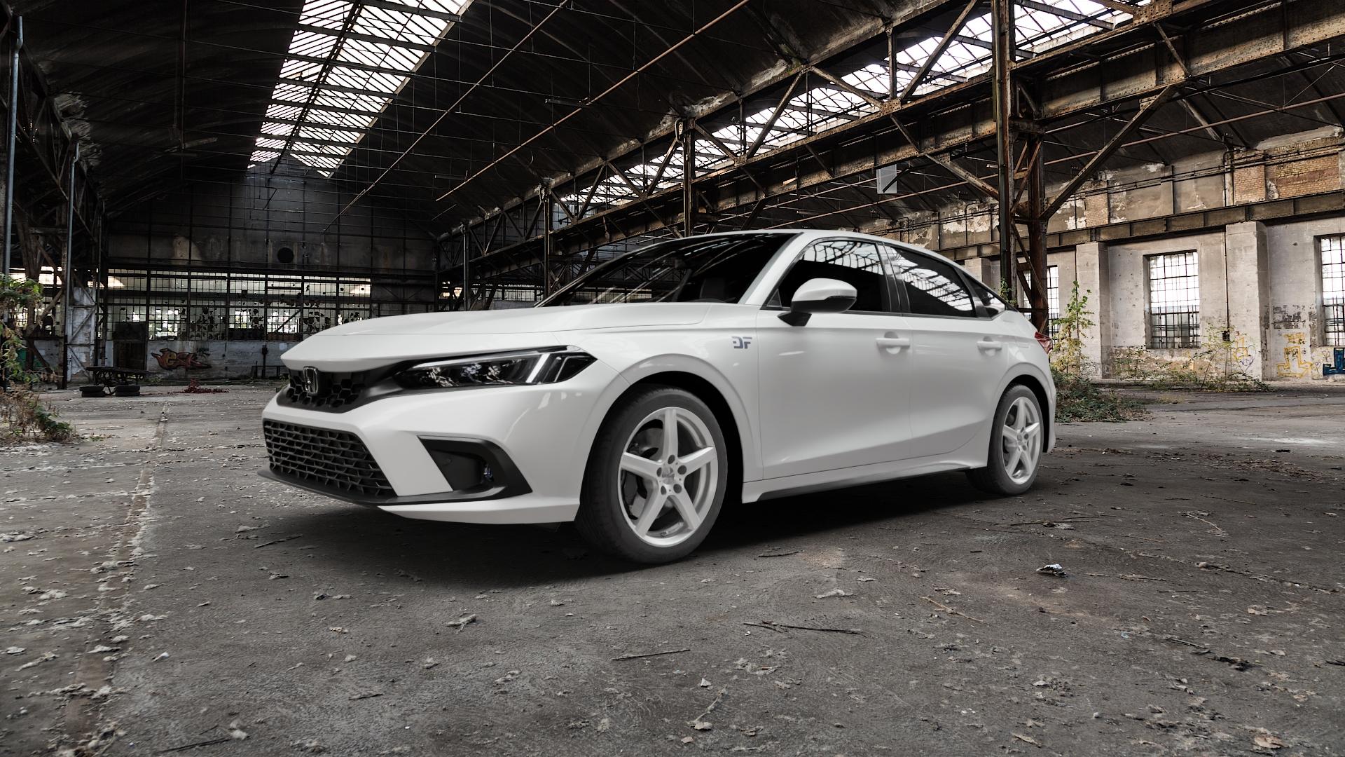 DEZENT TY SILVER Felge mit Reifen silber in 17Zoll Winterfelge Alufelge auf weissem Honda Civic 11 Schrägheck (FE) 2,0l e:HEV 105kW Mild-Hybrid (143 PS) ⬇️ mit 15mm Tieferlegung ⬇️ Old Industrial Hall_max5000mm_2022 Frontansicht_1