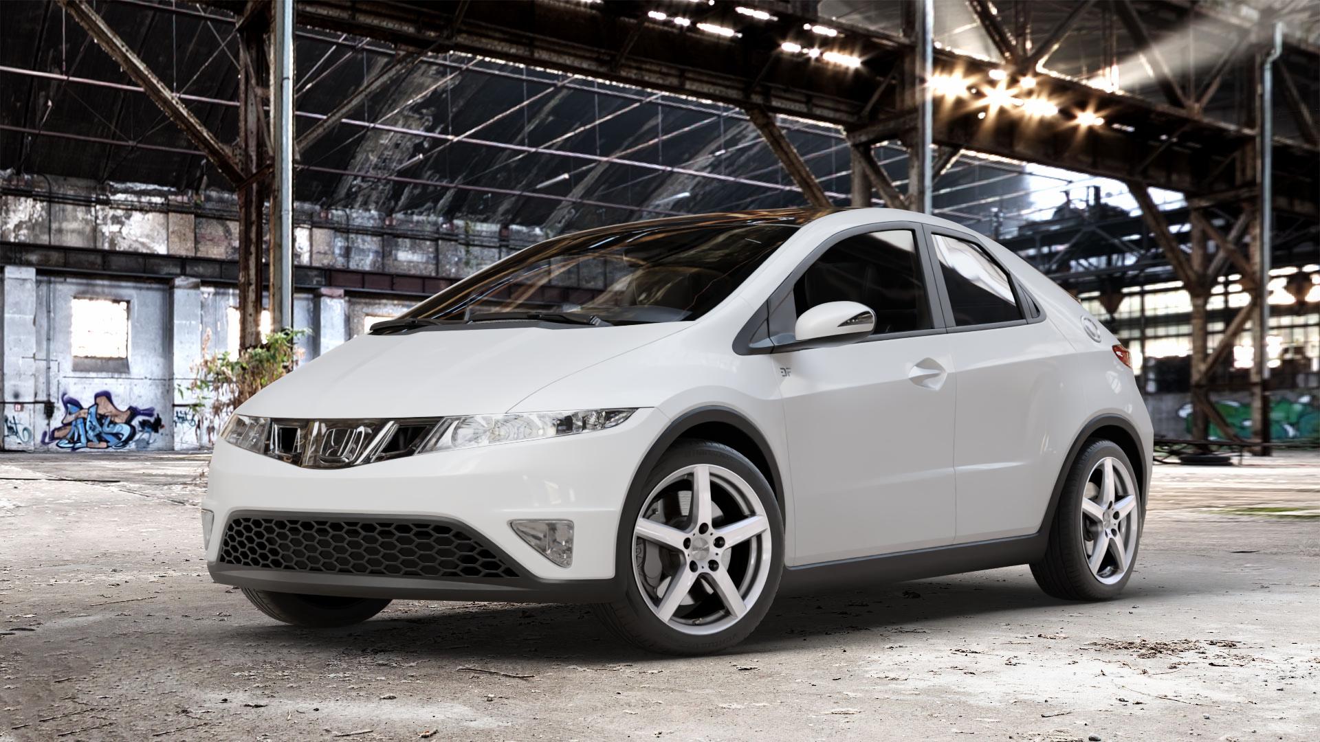 DEZENT TY SILVER Felge mit Reifen silber in 17Zoll Winterfelge Alufelge auf weissem Honda Civic 8 Fünftürer (FK) 1,4l V-Tec (FK1) 73kW (99 PS) ⬇️ mit 15mm Tieferlegung ⬇️ Old Industrial Hall_max_4400mm_2024 Frontansicht_1