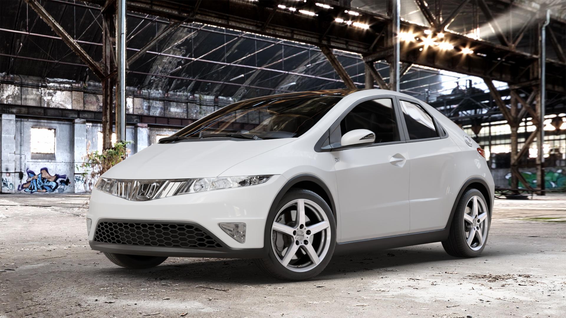 DEZENT TY SILVER Felge mit Reifen silber in 17Zoll Winterfelge Alufelge auf weissem Honda Civic 8 Fünftürer (FK) ⬇️ mit 15mm Tieferlegung ⬇️ Old Industrial Hall_max_4400mm_2024 Frontansicht_1