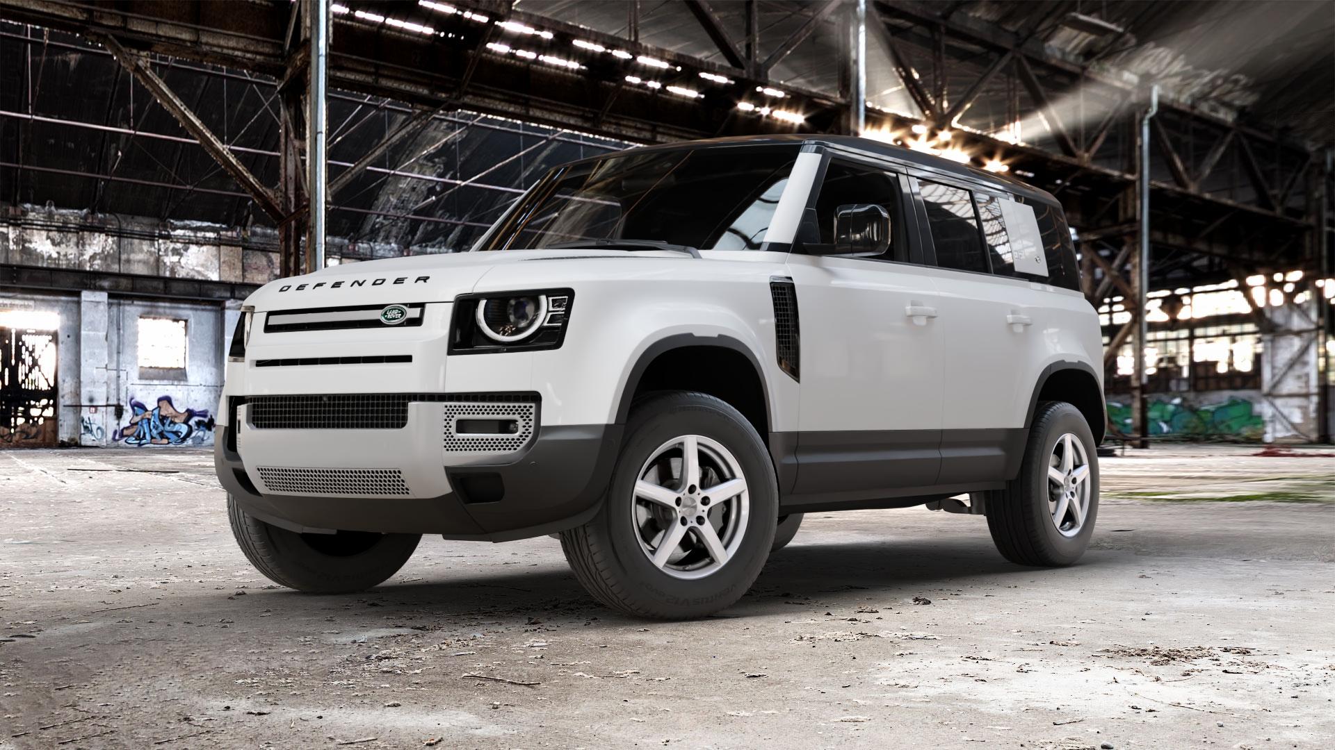 DEZENT TY SILVER Felge mit Reifen silber in 17Zoll Winterfelge Alufelge auf weissem Land Rover Defender 110 Typ LE ⬇️ mit 15mm Tieferlegung ⬇️ Old Industrial Hall_max_5300mm_2024 Frontansicht_1