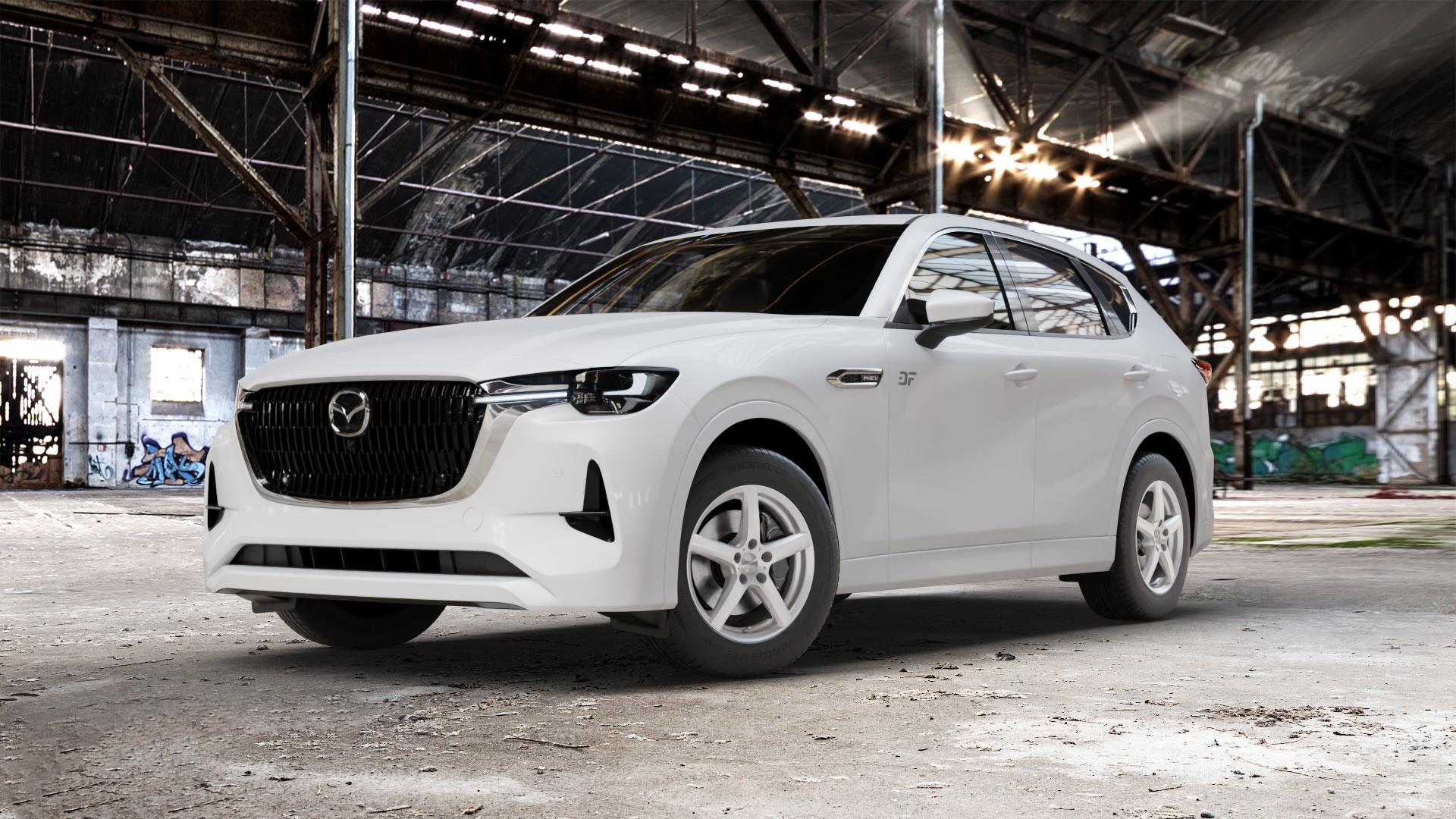 DEZENT TY SILVER Felge mit Reifen silber in 17Zoll Winterfelge Alufelge auf weissem Mazda CX-60 Typ KH01 CX ⬇️ mit 15mm Tieferlegung ⬇️ Old Industrial Hall_max_5300mm_2024 Frontansicht_1