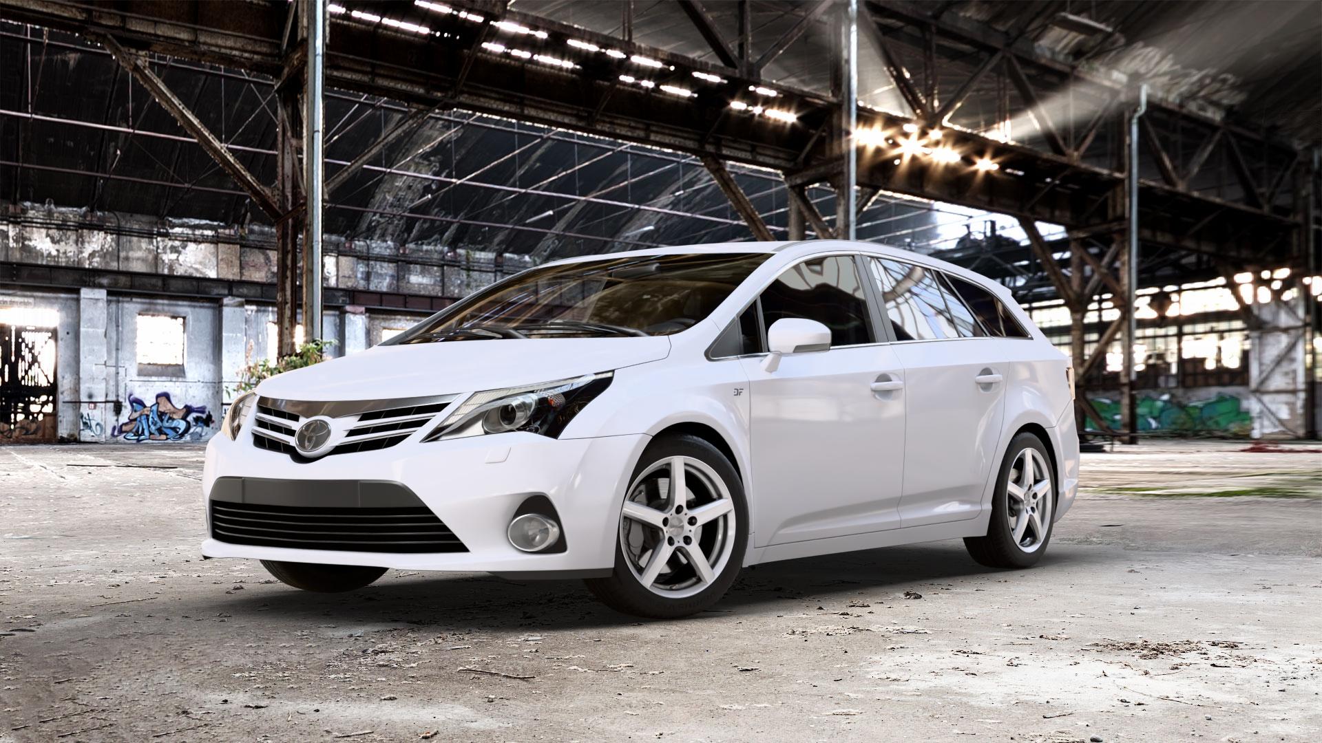 DEZENT TY SILVER Felge mit Reifen silber in 17Zoll Winterfelge Alufelge auf weissem Toyota Avensis Combi Typ T27 Facelift 12-> ⬇️ mit 15mm Tieferlegung ⬇️ Old Industrial Hall_max_5300mm_2024 Frontansicht_1