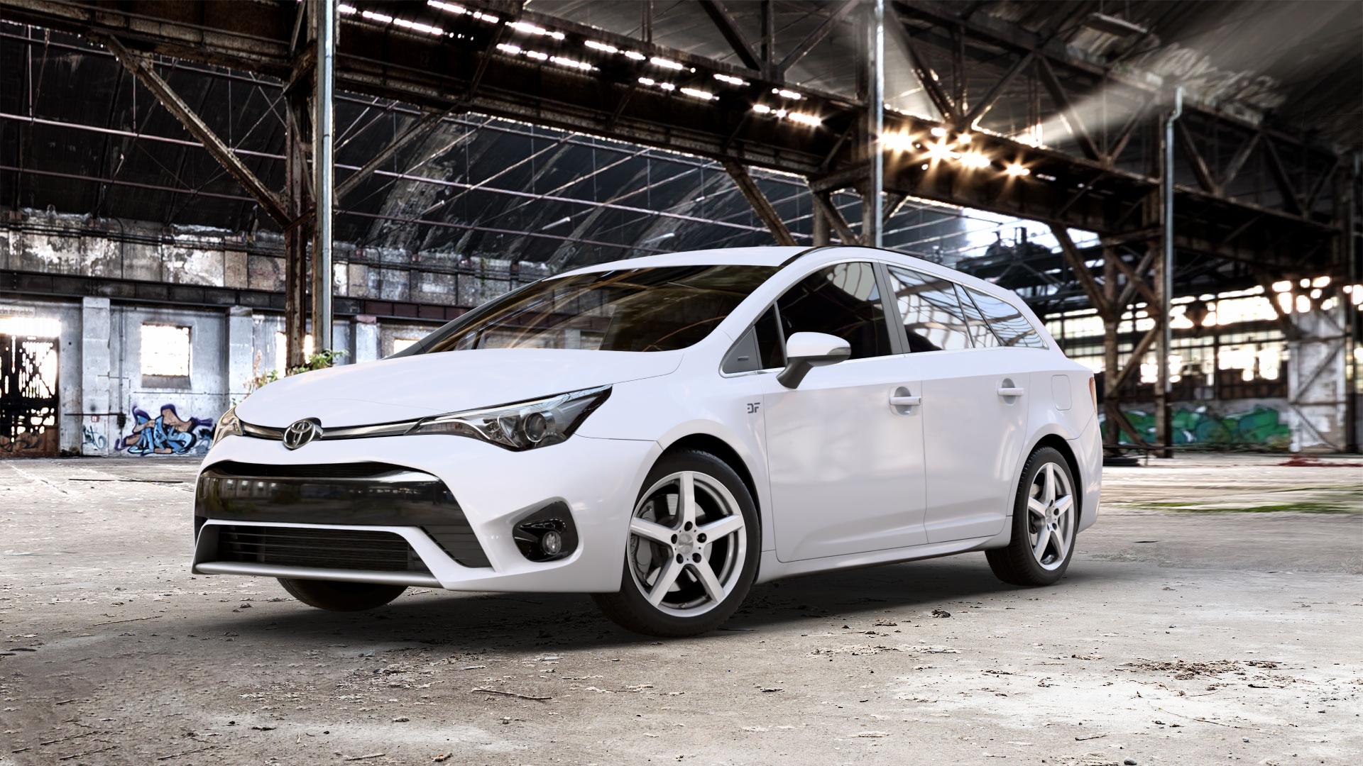 DEZENT TY SILVER Felge mit Reifen silber in 17Zoll Winterfelge Alufelge auf weissem Toyota Avensis Combi Typ T27 Facelift 15-> ⬇️ mit 15mm Tieferlegung ⬇️ Old Industrial Hall_max_5300mm_2024 Frontansicht_1