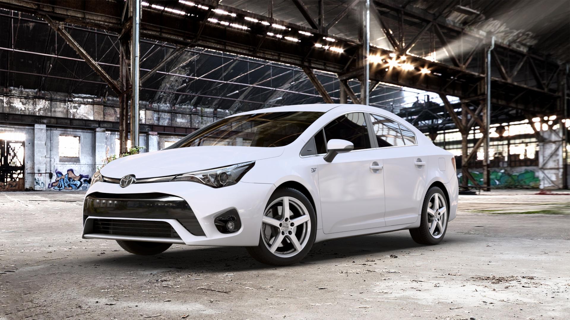 DEZENT TY SILVER Felge mit Reifen silber in 17Zoll Winterfelge Alufelge auf weissem Toyota Avensis Limousine Typ T27 Facelift 15-> ⬇️ mit 15mm Tieferlegung ⬇️ Old Industrial Hall_max_5300mm_2024 Frontansicht_1