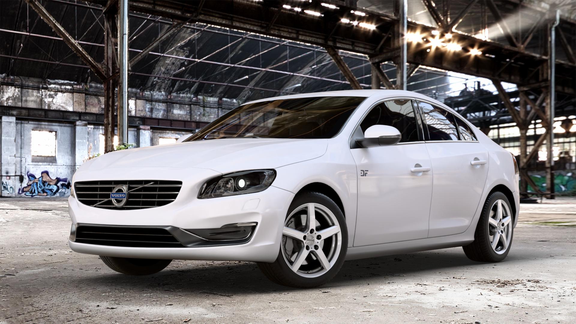 DEZENT TY SILVER Felge mit Reifen silber in 17Zoll Winterfelge Alufelge auf weissem Volvo S60 II Typ F ⬇️ mit 15mm Tieferlegung ⬇️ Old Industrial Hall_max_4400mm_2024 Frontansicht_1