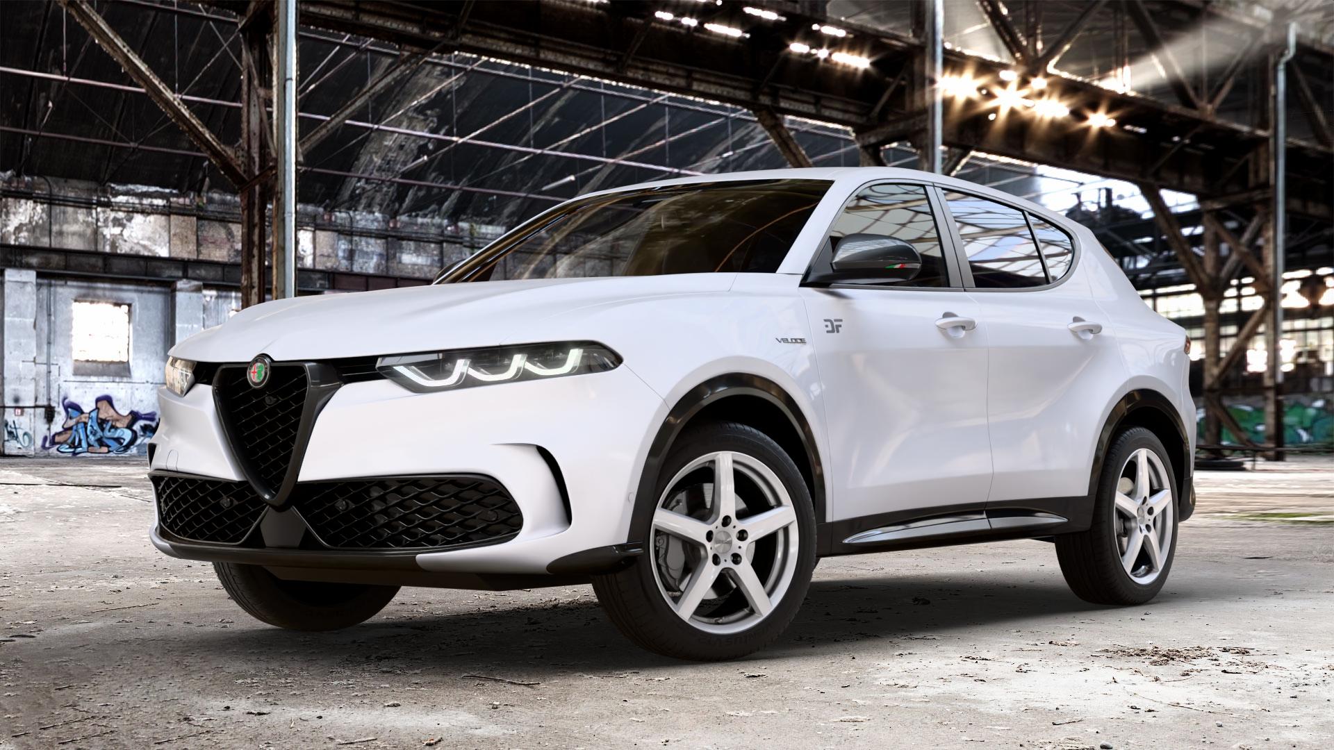 DEZENT TY SILVER Felge mit Reifen silber in 18Zoll Winterfelge Alufelge auf weissem Alfa Romeo Tonale Typ AV1 ⬇️ mit 15mm Tieferlegung ⬇️ Old Industrial Hall_max_4400mm_2024 Frontansicht_1