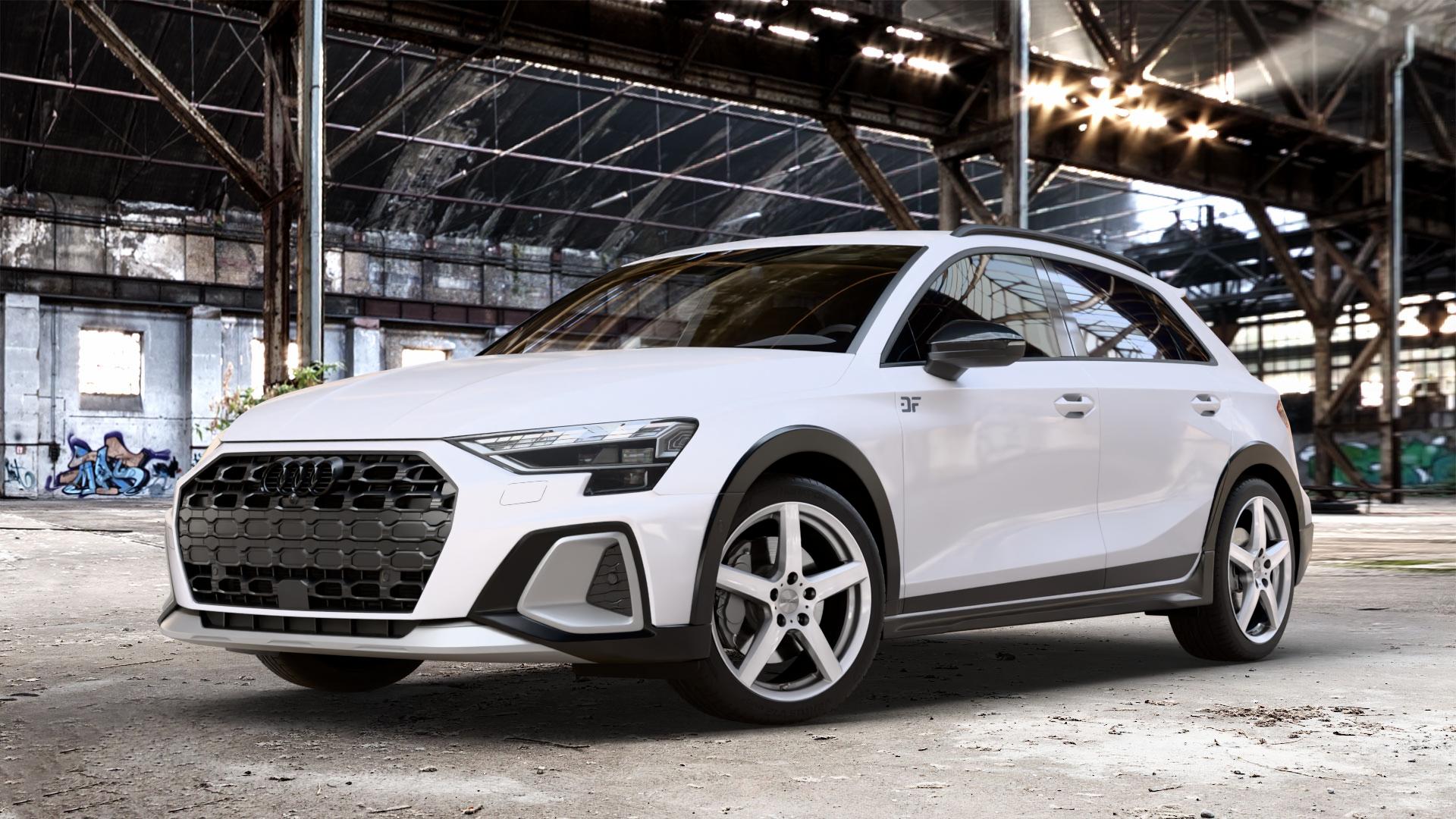 DEZENT TY SILVER Felge mit Reifen silber in 18Zoll Winterfelge Alufelge auf weissem Audi A3 Typ GY (Allstreet) ⬇️ mit 15mm Tieferlegung ⬇️ Old Industrial Hall_max_4400mm_2024 Frontansicht_1
