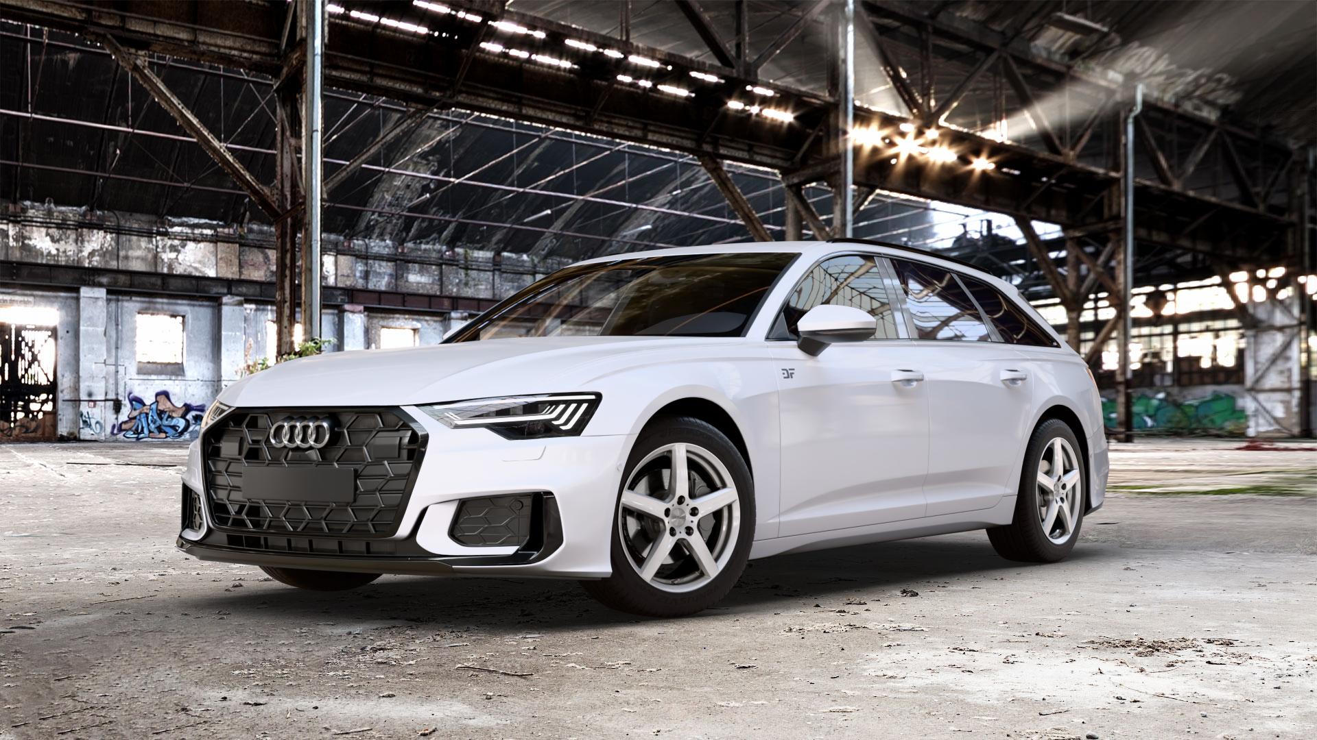 DEZENT TY SILVER Felge mit Reifen silber in 18Zoll Winterfelge Alufelge auf weissem Audi A6 Typ F2/C8 (Avant) Facelift 2,0l 35 TDI 120kW Mild-Hybrid (163 PS) 40 150kW (204 quattro TFSI 3,0l 45 180kW (245 195kW (265 50 210kW (286 e Hybrid 55 250k ⬇️ mit 15mm Tieferlegung ⬇️ Old Industrial Hall_max_5300mm_2024 Frontansicht_1