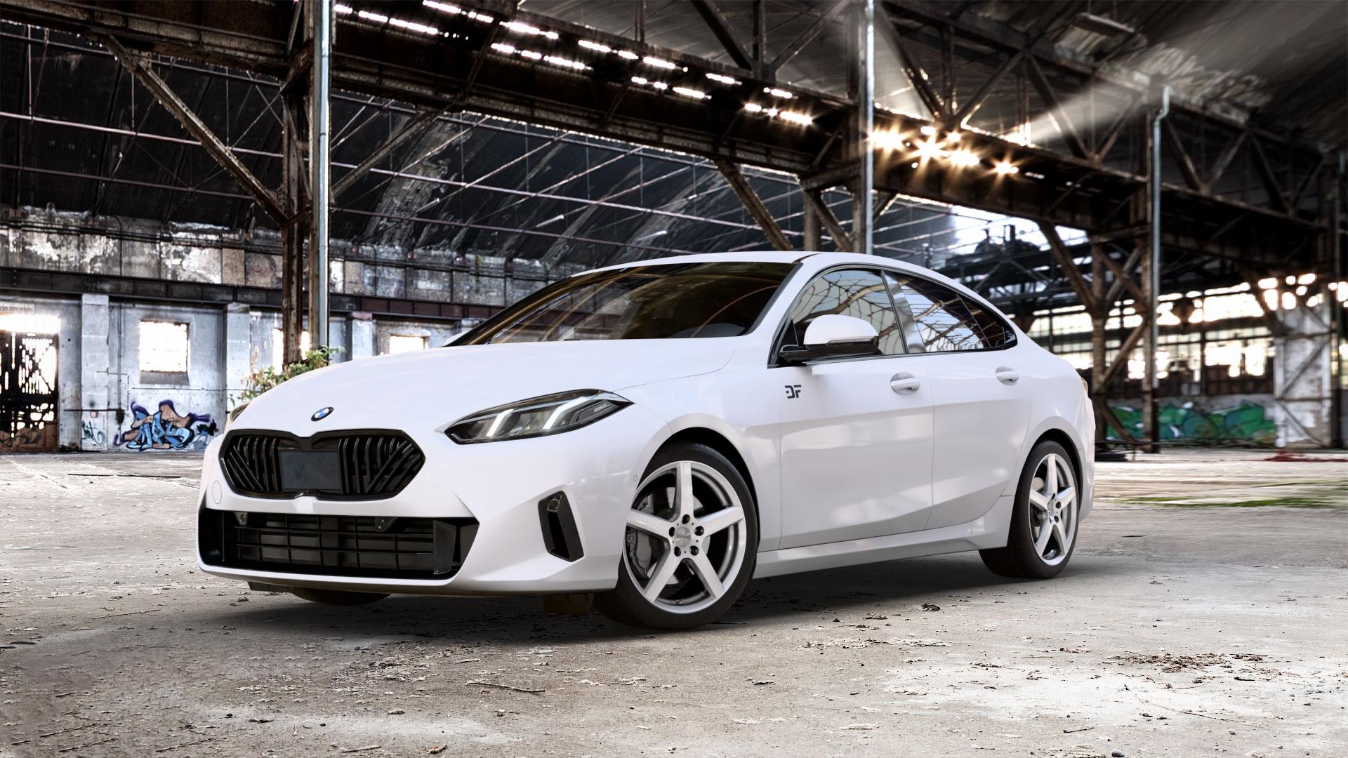 DEZENT TY SILVER Felge mit Reifen silber in 18Zoll Winterfelge Alufelge auf weissem BMW 220d Typ F74 (Gran Coupe) 2,0l 110kW Mild-Hybrid (150 PS) ⬇️ mit 15mm Tieferlegung ⬇️ Old Industrial Hall_max_5300mm_2024 Frontansicht_1