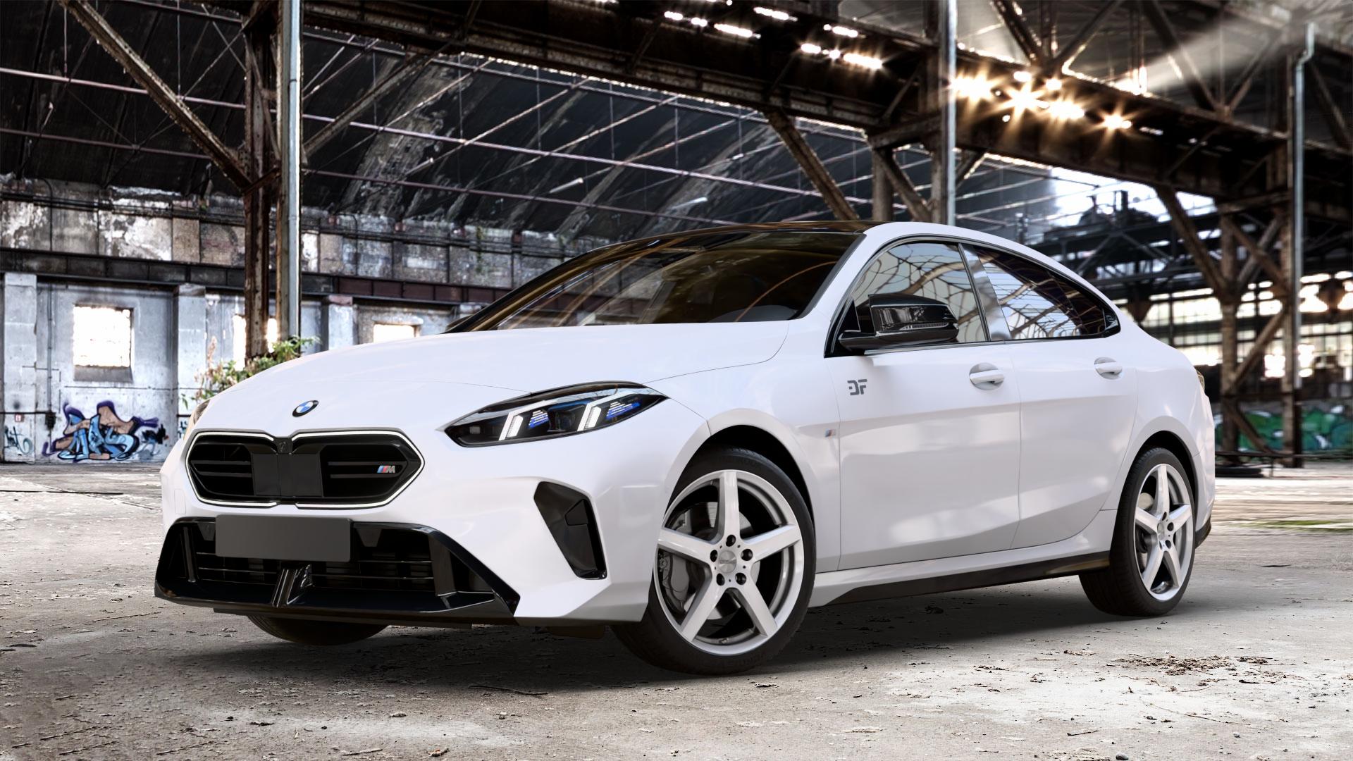 DEZENT TY SILVER Felge mit Reifen silber in 18Zoll Winterfelge Alufelge auf weissem BMW M235 xDrive Typ F74 (Gran Coupe) 2,0l 221kW (300 PS) 2er Gran Coupe (F7) ⬇️ mit 15mm Tieferlegung ⬇️ Old Industrial Hall_max_4400mm_2024 Frontansicht_1