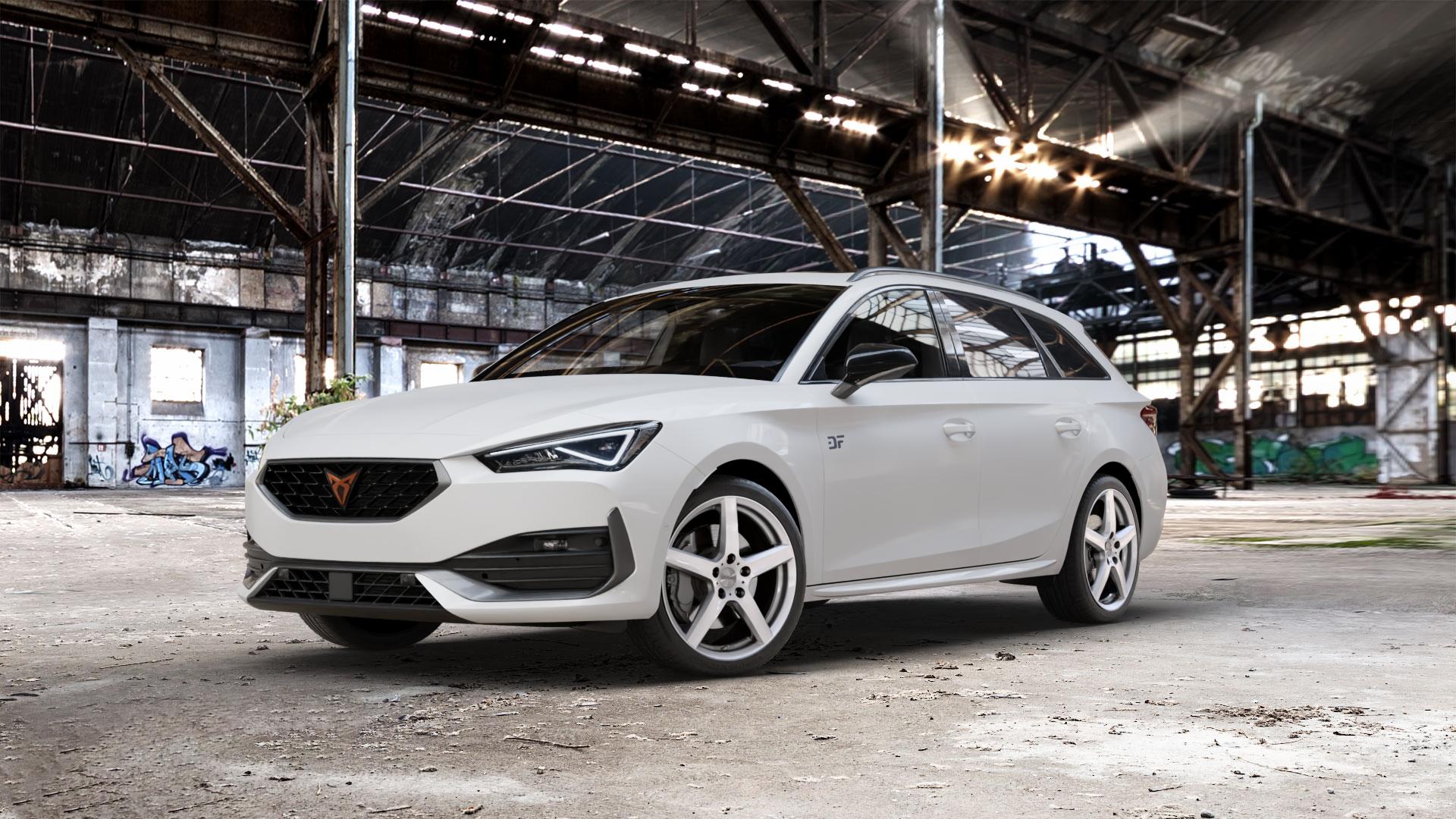 DEZENT TY SILVER Felge mit Reifen silber in 18Zoll Winterfelge Alufelge auf weissem Cupra Leon Typ KL ST ⬇️ mit 15mm Tieferlegung ⬇️ Old Industrial Hall_max_5300mm_2024 Frontansicht_1