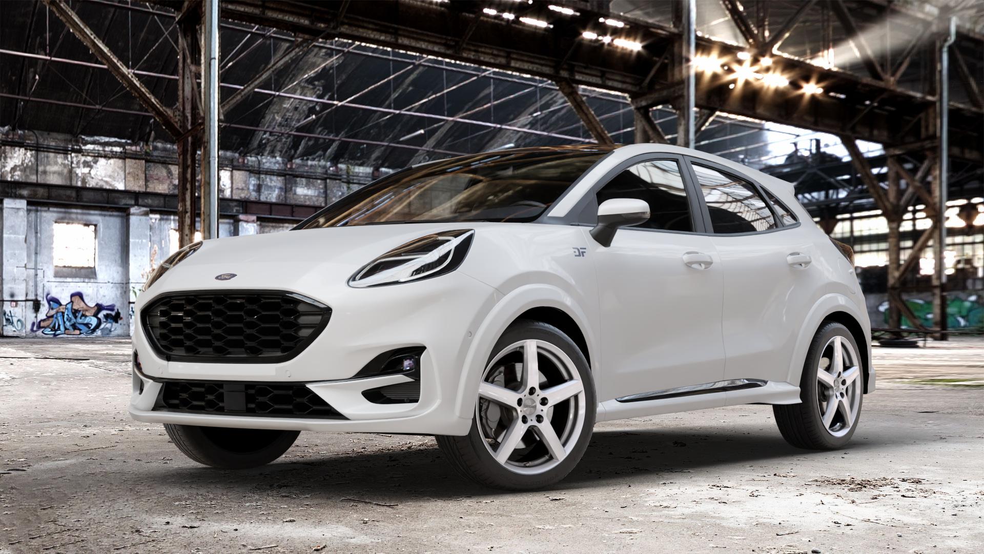 DEZENT TY SILVER Felge mit Reifen silber in 18Zoll Winterfelge Alufelge auf weissem Ford Puma II Typ J2K 1,0l EcoBoost 114kW Mild-Hybrid (155 PS) 70kW (95 92kW (125 Facelift ⬇️ mit 15mm Tieferlegung ⬇️ Old Industrial Hall_max_4400mm_2024 Frontansicht_1
