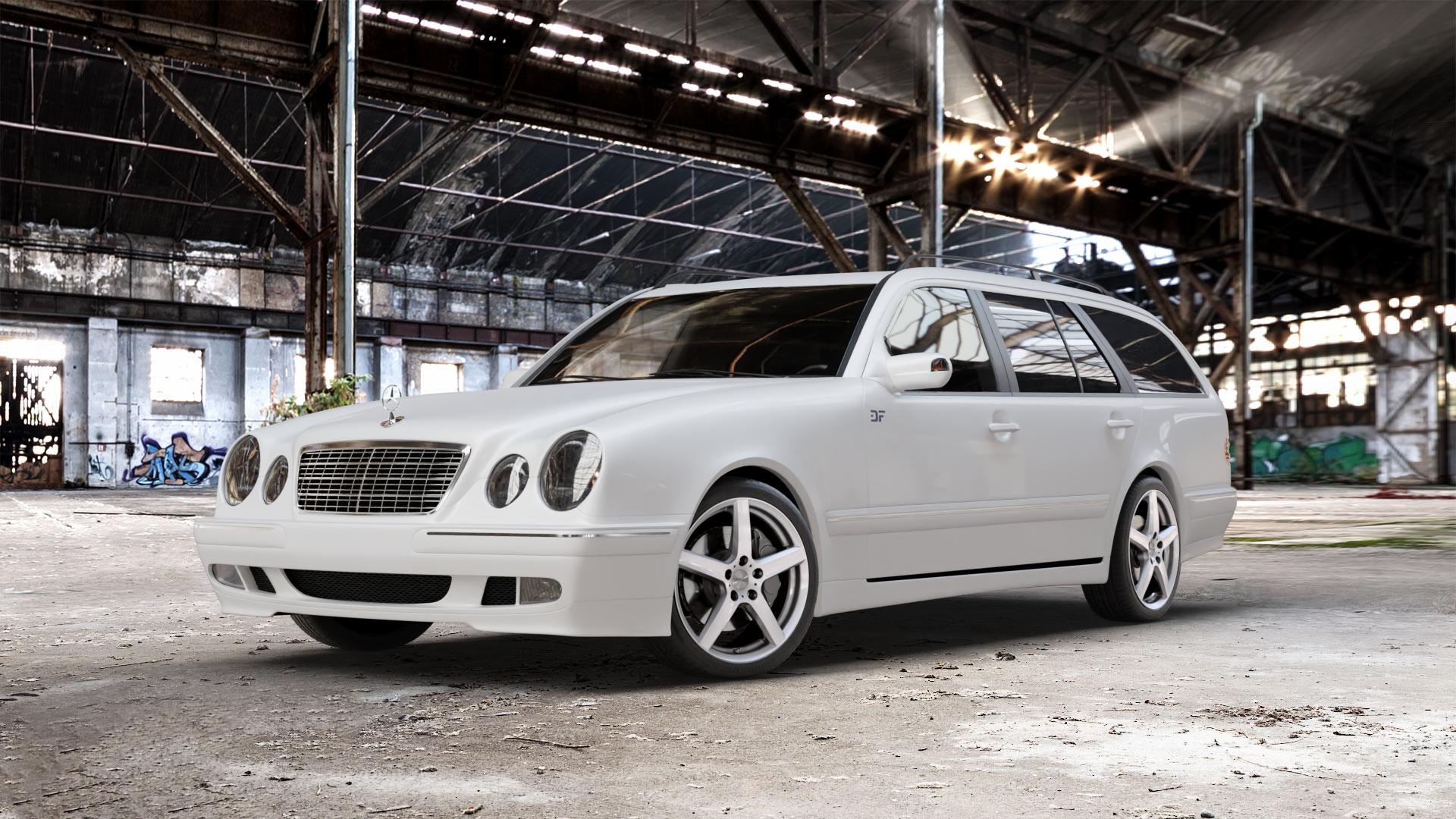 DEZENT TY SILVER Felge mit Reifen silber in 18Zoll Winterfelge Alufelge auf weissem Mercedes E-Klasse Typ S210 Kombi ⬇️ mit 15mm Tieferlegung ⬇️ Old Industrial Hall_max_5300mm_2024 Frontansicht_1
