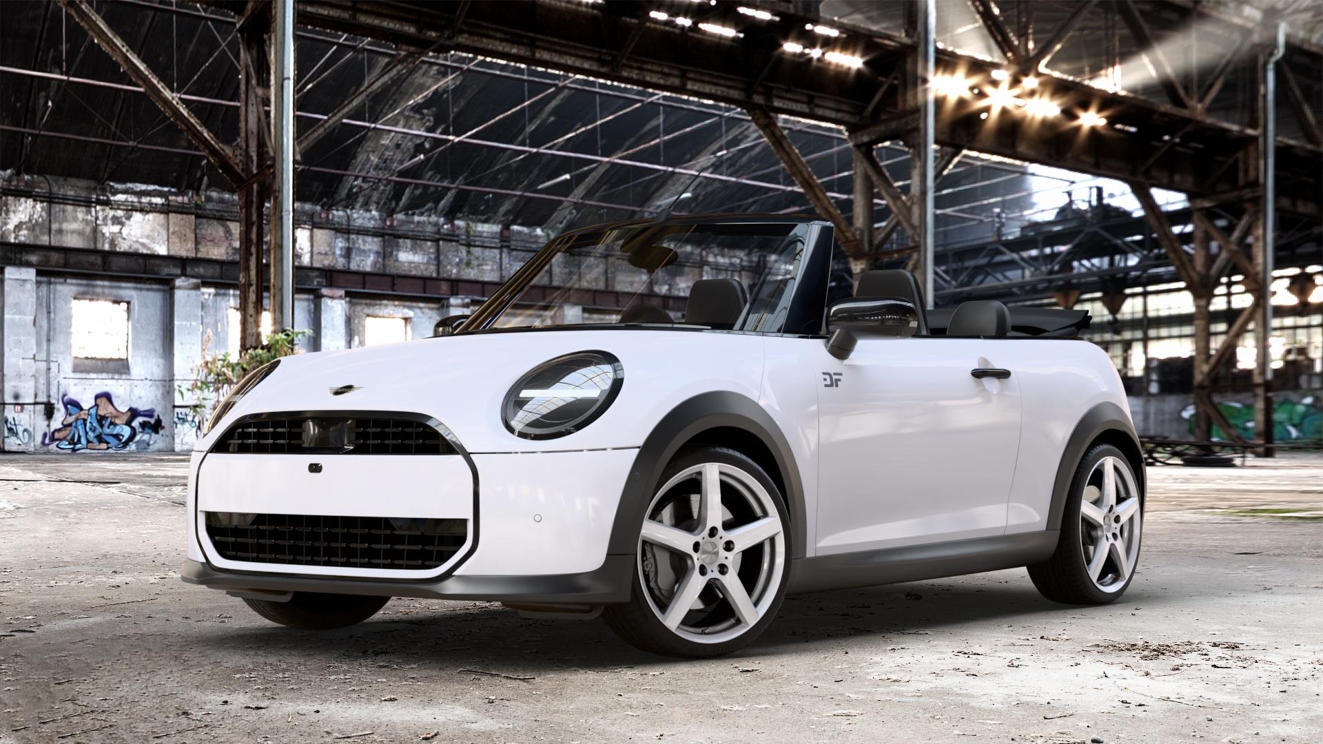 DEZENT TY SILVER Felge mit Reifen silber in 18Zoll Winterfelge Alufelge auf weissem Mini F67 Typ FM6 (Cabrio) 2,0l Cooper 120kW (163 PS) S 150kW (204 JCW 170kW (231 ⬇️ mit 15mm Tieferlegung ⬇️ Old Industrial Hall_max_4400mm_2024 Frontansicht_1