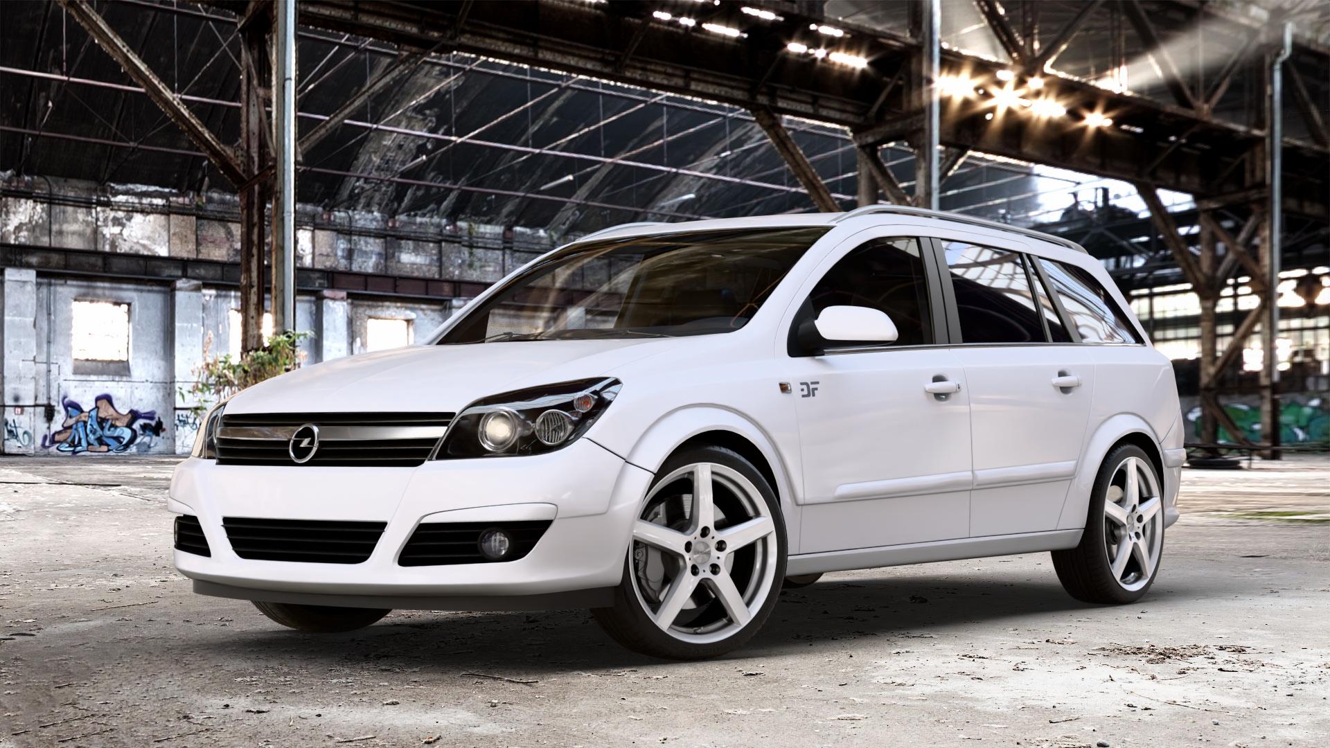 DEZENT TY SILVER Felge mit Reifen silber in 18Zoll Winterfelge Alufelge auf weissem Opel Astra H Typ A-H Caravan A-H/SW ⬇️ mit 15mm Tieferlegung ⬇️ Old Industrial Hall_max_4400mm_2024 Frontansicht_1