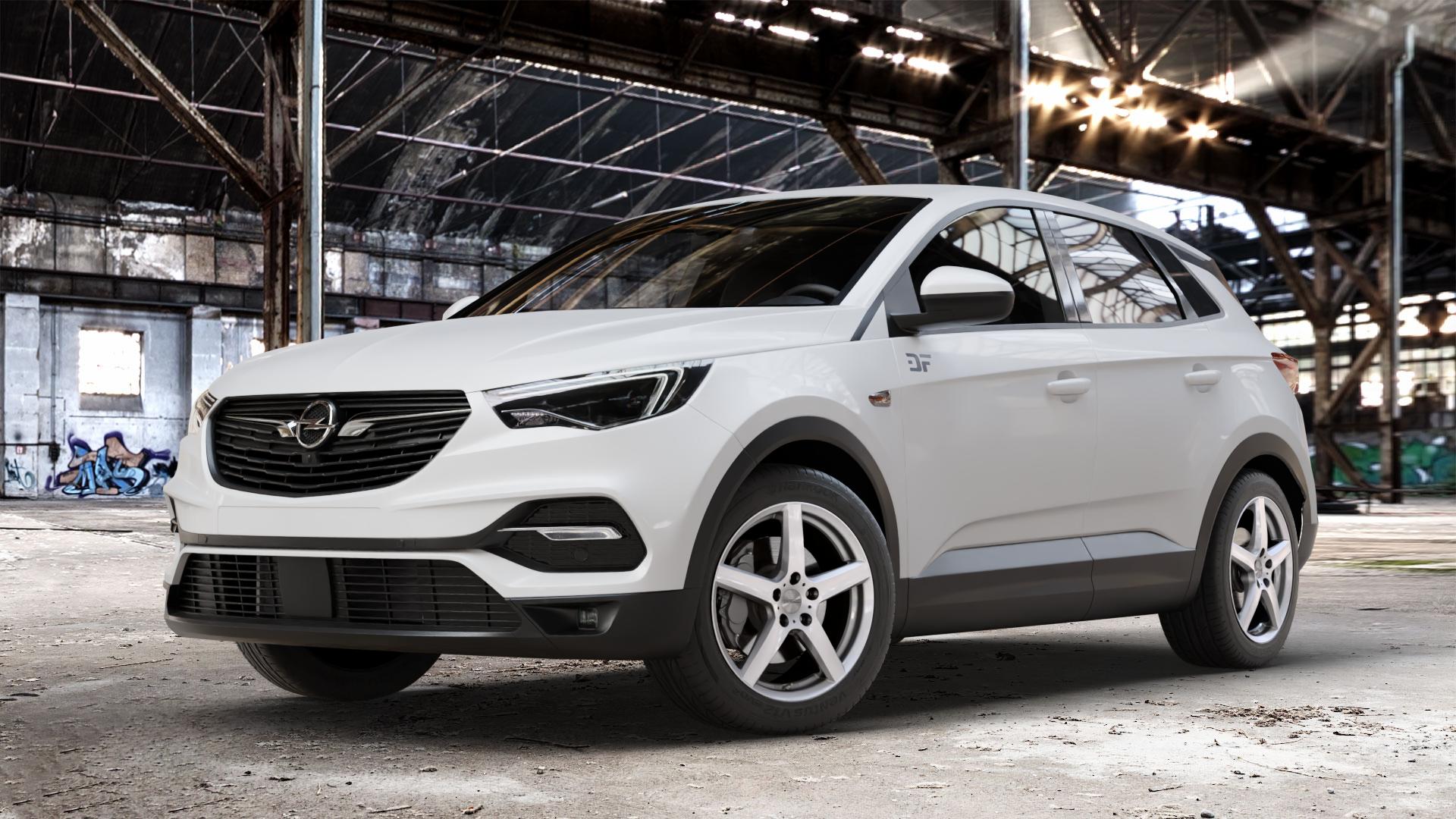 DEZENT TY SILVER Felge mit Reifen silber in 18Zoll Winterfelge Alufelge auf weissem Opel Grandland X Typ Z 1,6l D 88kW (120 PS) 1,2l Turbo 96kW (131 2,0l 130kW (177 1,5l 133kW (181 75kW (102 ⬇️ mit 15mm Tieferlegung ⬇️ Old Industrial Hall_max_4400mm_2024 Frontansicht_1