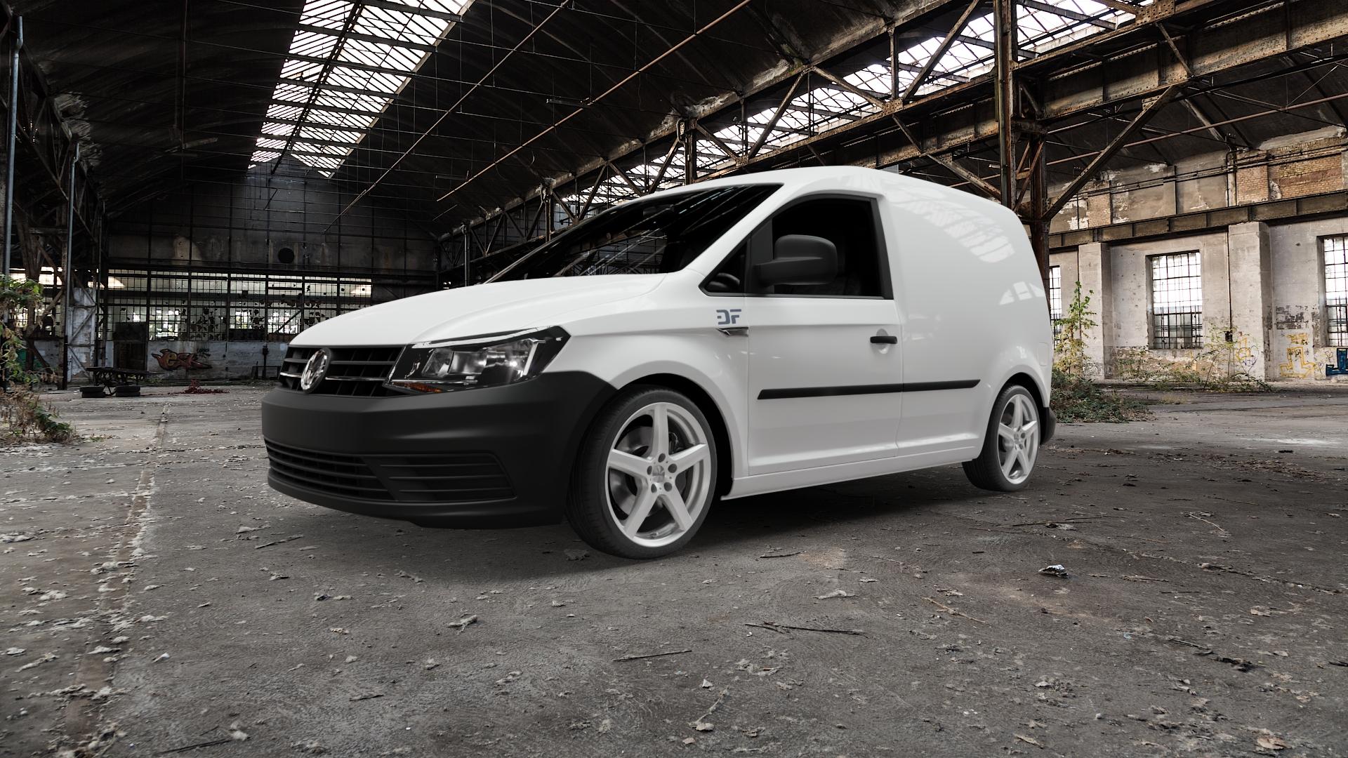 DEZENT TY SILVER Felge mit Reifen silber in 18Zoll Winterfelge Alufelge auf weissem Volkswagen (VW) Caddy 4 ⬇️ mit 15mm Tieferlegung ⬇️ Old Industrial Hall_max5000mm_2022 Frontansicht_1