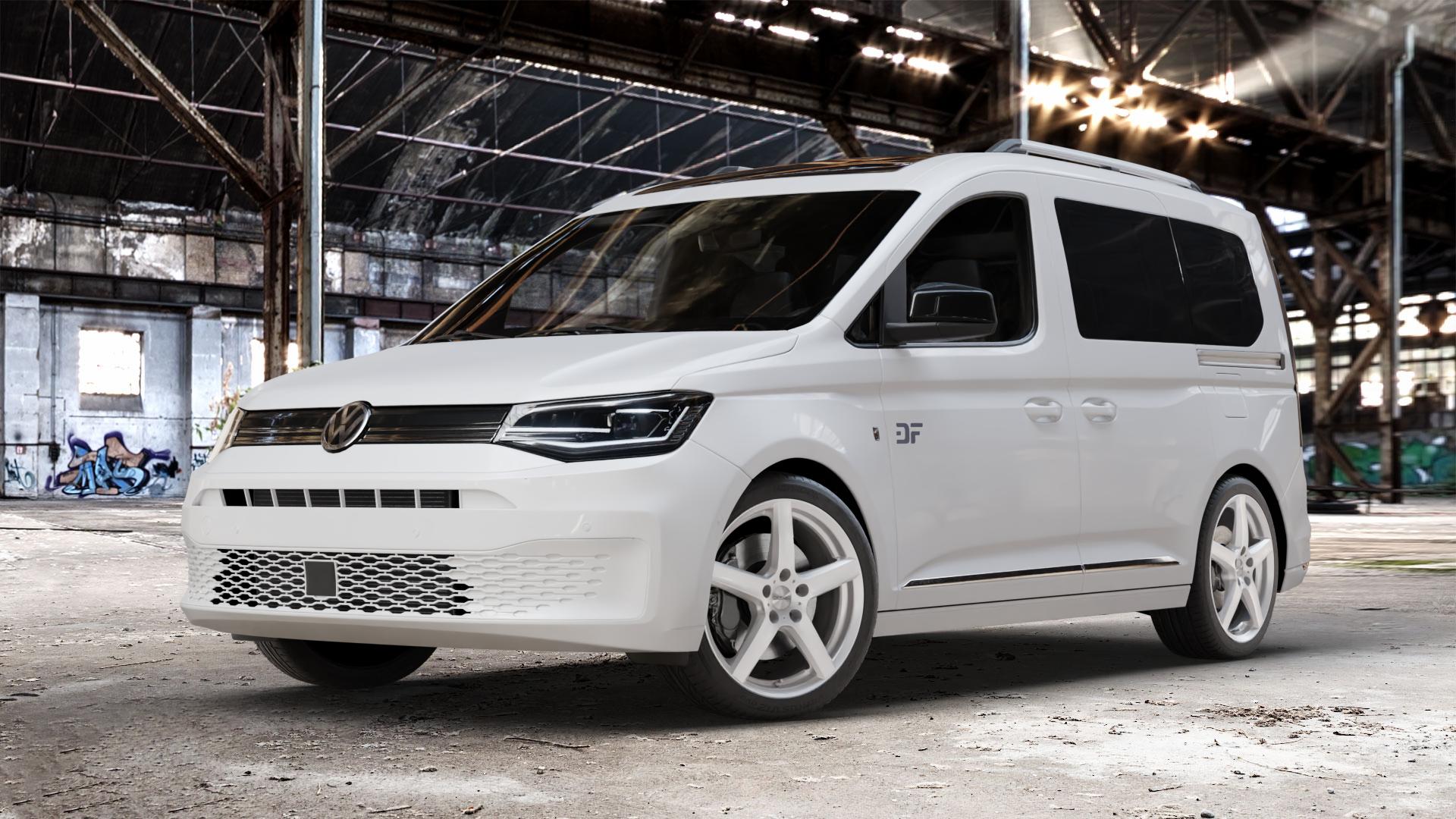 DEZENT TY SILVER Felge mit Reifen silber in 18Zoll Winterfelge Alufelge auf weissem Volkswagen (VW) Caddy 5 Typ SK SKN Transporter Wohnmobil ⬇️ mit 15mm Tieferlegung ⬇️ Old Industrial Hall_max_4400mm_2024 Frontansicht_1