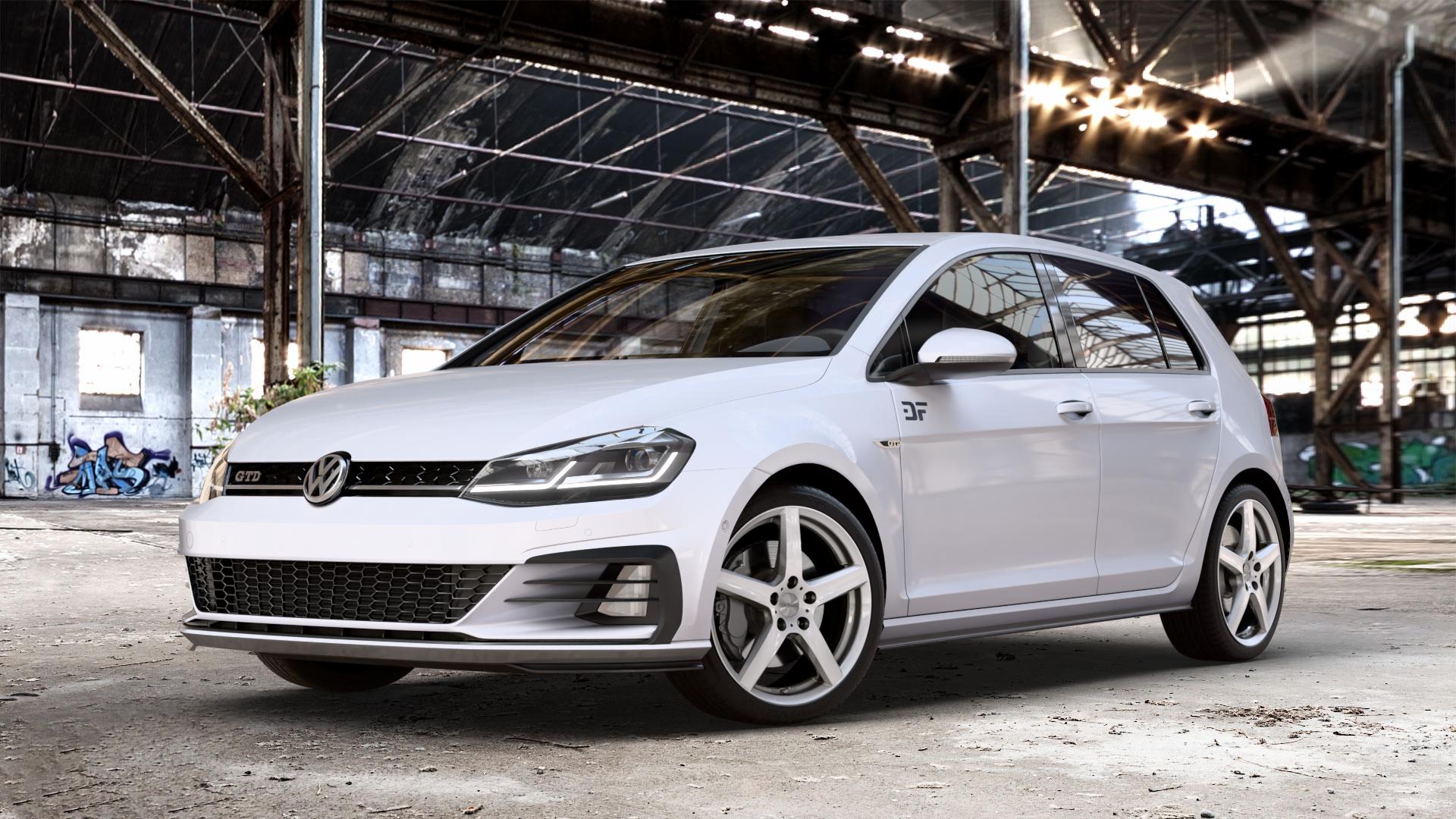 DEZENT TY SILVER Felge mit Reifen silber in 18Zoll Winterfelge Alufelge auf weissem Volkswagen (VW) Golf 7 2,0l GTD 135kW (184 PS) Facelift ⬇️ mit 15mm Tieferlegung ⬇️ Old Industrial Hall_max_4400mm_2024 Frontansicht_1