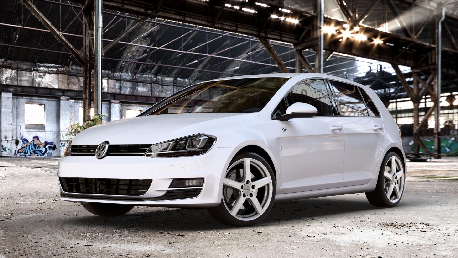 DEZENT TY SILVER Felge mit Reifen silber in 18Zoll Winterfelge Alufelge auf weissem Volkswagen (VW) Golf 7 ⬇️ mit 15mm Tieferlegung ⬇️ Old Industrial Hall_max_4400mm_2024 Frontansicht_1