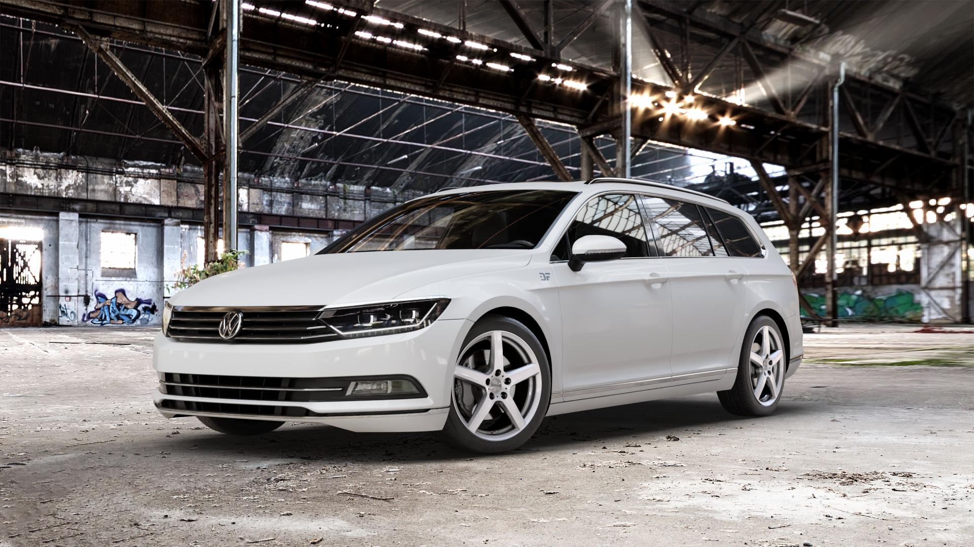 DEZENT TY SILVER Felge mit Reifen silber in 18Zoll Winterfelge Alufelge auf weissem Volkswagen (VW) Passat 3C/B8 Limousine Variant ⬇️ mit 15mm Tieferlegung ⬇️ Old Industrial Hall_max_5300mm_2024 Frontansicht_1
