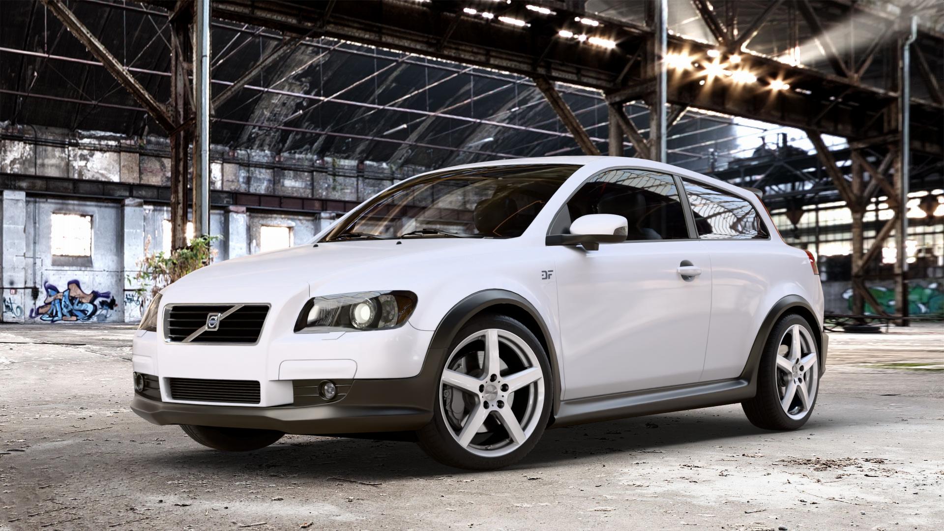 DEZENT TY SILVER Felge mit Reifen silber in 18Zoll Winterfelge Alufelge auf weissem Volvo C30 ⬇️ mit 15mm Tieferlegung ⬇️ Old Industrial Hall_max_4400mm_2024 Frontansicht_1