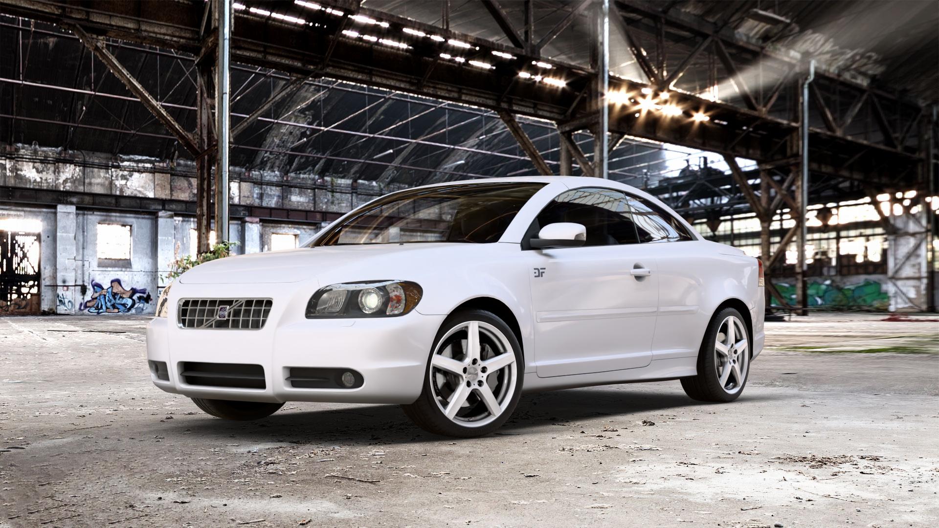 DEZENT TY SILVER Felge mit Reifen silber in 18Zoll Winterfelge Alufelge auf weissem Volvo C70 II Cabriolet Typ M ⬇️ mit 15mm Tieferlegung ⬇️ Old Industrial Hall_max_5300mm_2024 Frontansicht_1