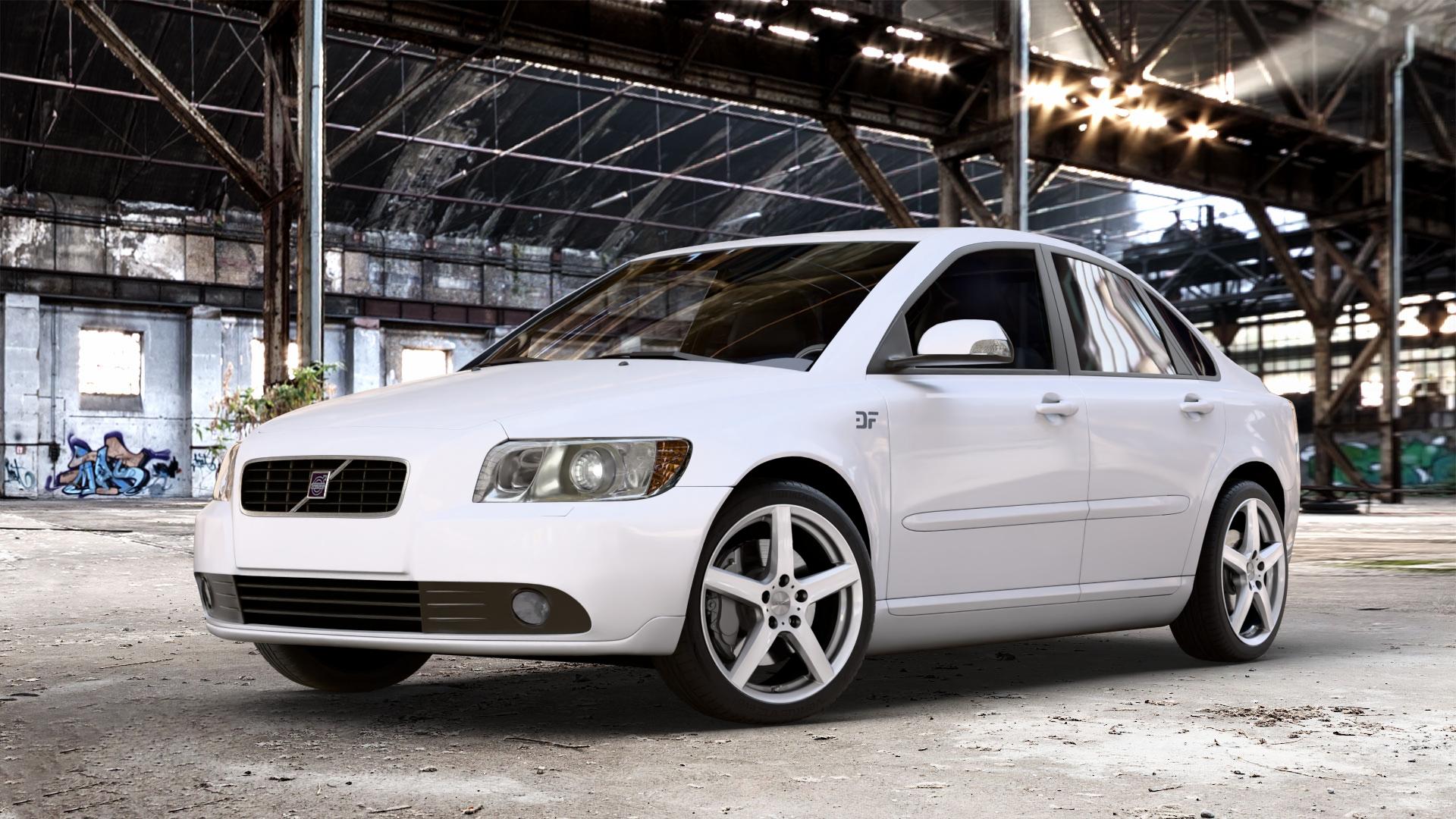DEZENT TY SILVER Felge mit Reifen silber in 18Zoll Winterfelge Alufelge auf weissem Volvo S40 II Typ M ⬇️ mit 15mm Tieferlegung ⬇️ Old Industrial Hall_max_4400mm_2024 Frontansicht_1