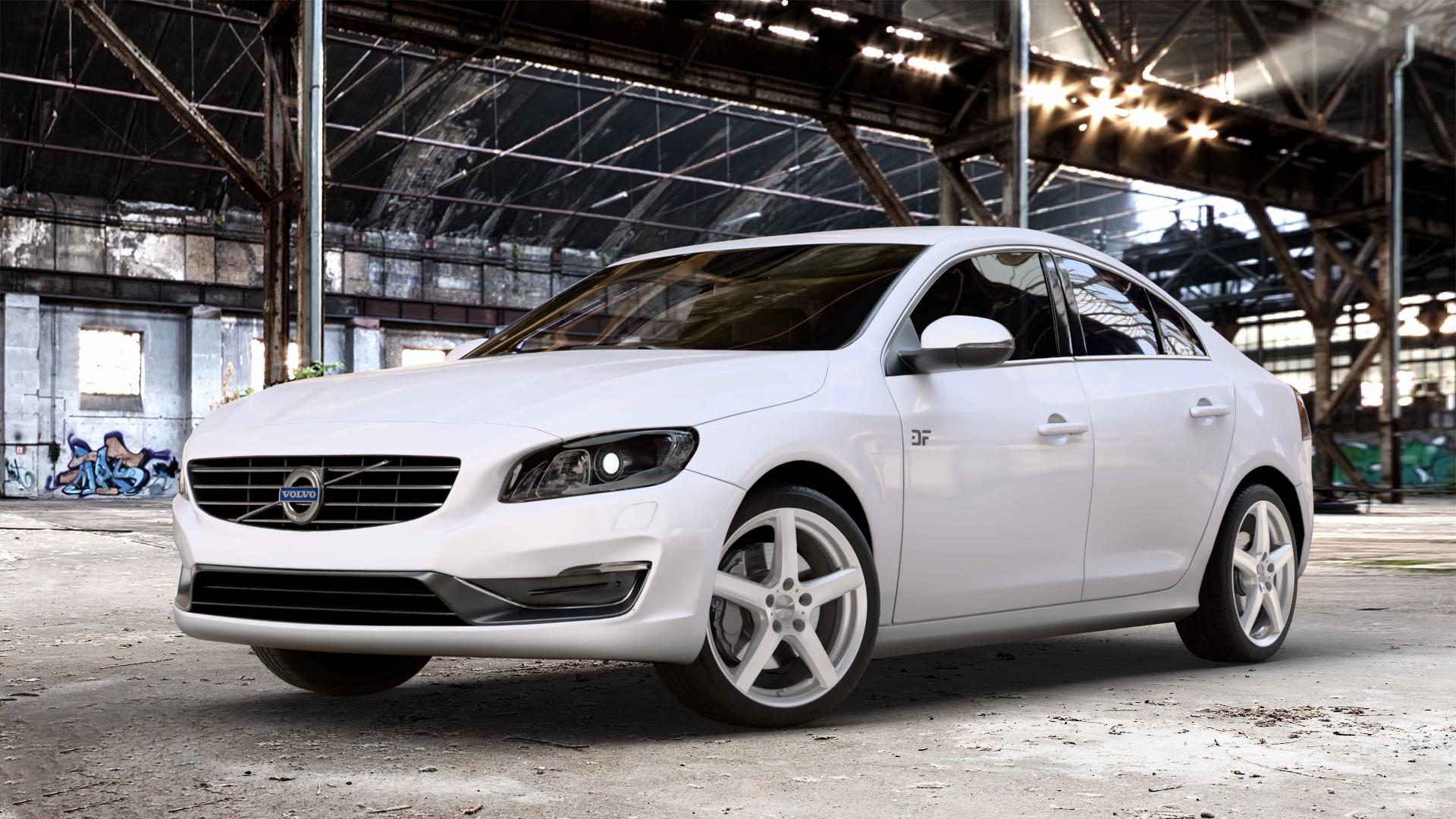 DEZENT TY SILVER Felge mit Reifen silber in 18Zoll Winterfelge Alufelge auf weissem Volvo S60 II Typ F ⬇️ mit 15mm Tieferlegung ⬇️ Old Industrial Hall_max_4400mm_2024 Frontansicht_1