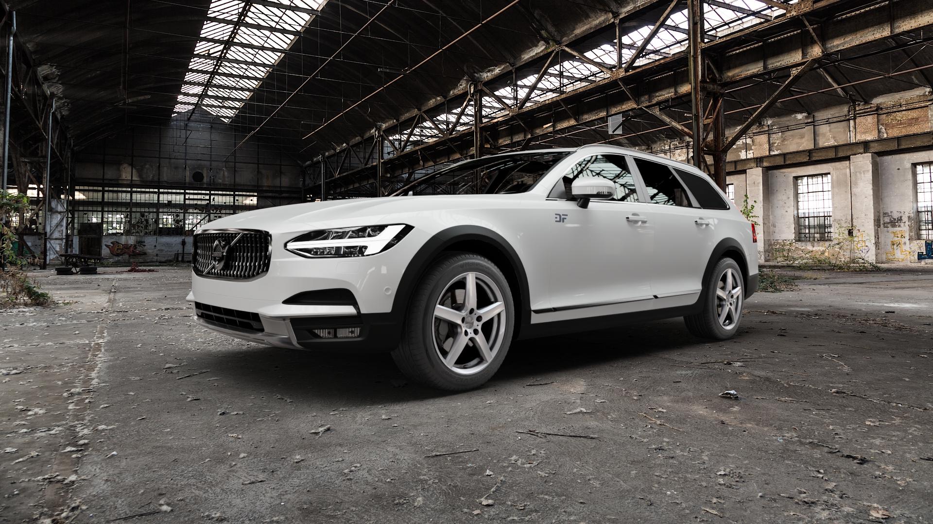 DEZENT TY SILVER Felge mit Reifen silber in 18Zoll Winterfelge Alufelge auf weissem Volvo V90 II Cross Country Typ P ⬇️ mit 15mm Tieferlegung ⬇️ Old Industrial Hall_max5000mm_2022 Frontansicht_1