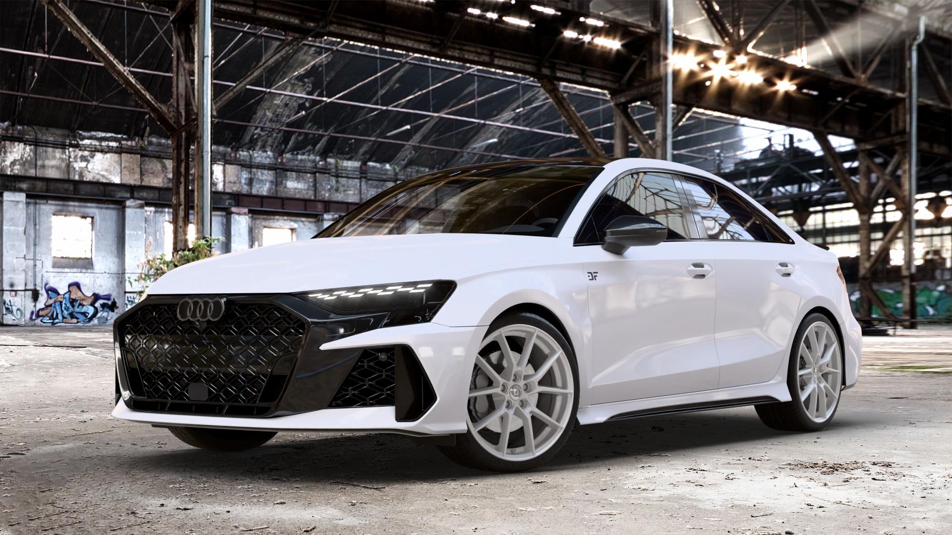 DIEWE WHEELS Alla Argento silber Felge mit Reifen in 19Zoll Winterfelge Alufelge auf weissem Audi A3 Typ GY (Limousine) Facelift 2,5l TFSI quattro 294kW RS3 (400 PS) 299kW (407 ⬇️ mit 15mm Tieferlegung ⬇️ Old Industrial Hall_max_4400mm_2024 Frontansicht_1