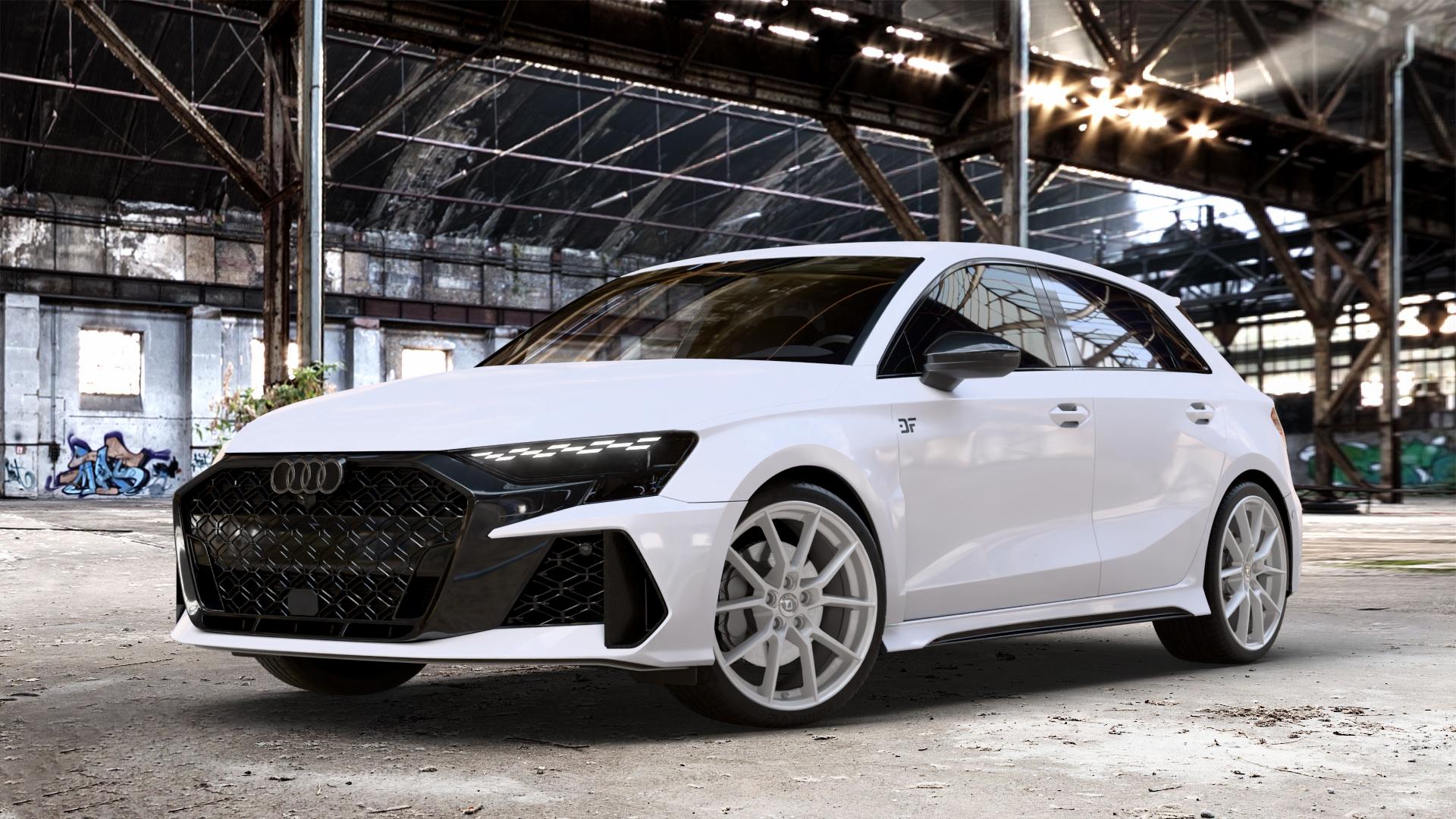 DIEWE WHEELS Alla Argento silber Felge mit Reifen in 19Zoll Winterfelge Alufelge auf weissem Audi A3 Typ GY (Sportback) Facelift 2,5l TFSI quattro 294kW RS3 (400 PS) 299kW (407 ⬇️ mit 15mm Tieferlegung ⬇️ Old Industrial Hall_max_4400mm_2024 Frontansicht_1