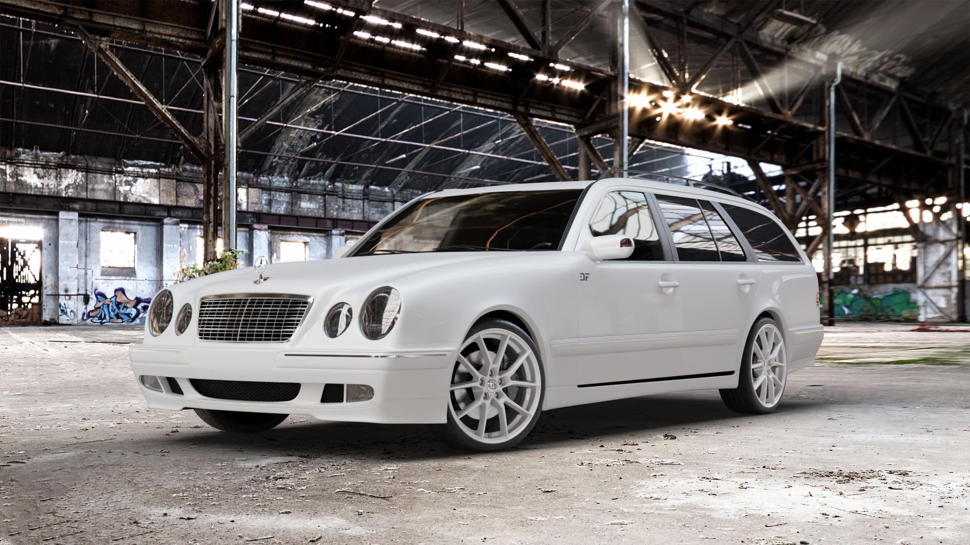 DIEWE WHEELS Alla Argento silber Felge mit Reifen in 19Zoll Winterfelge Alufelge auf weissem Mercedes E-Klasse Typ S210 Kombi ⬇️ mit 15mm Tieferlegung ⬇️ Old Industrial Hall_max_5300mm_2024 Frontansicht_1