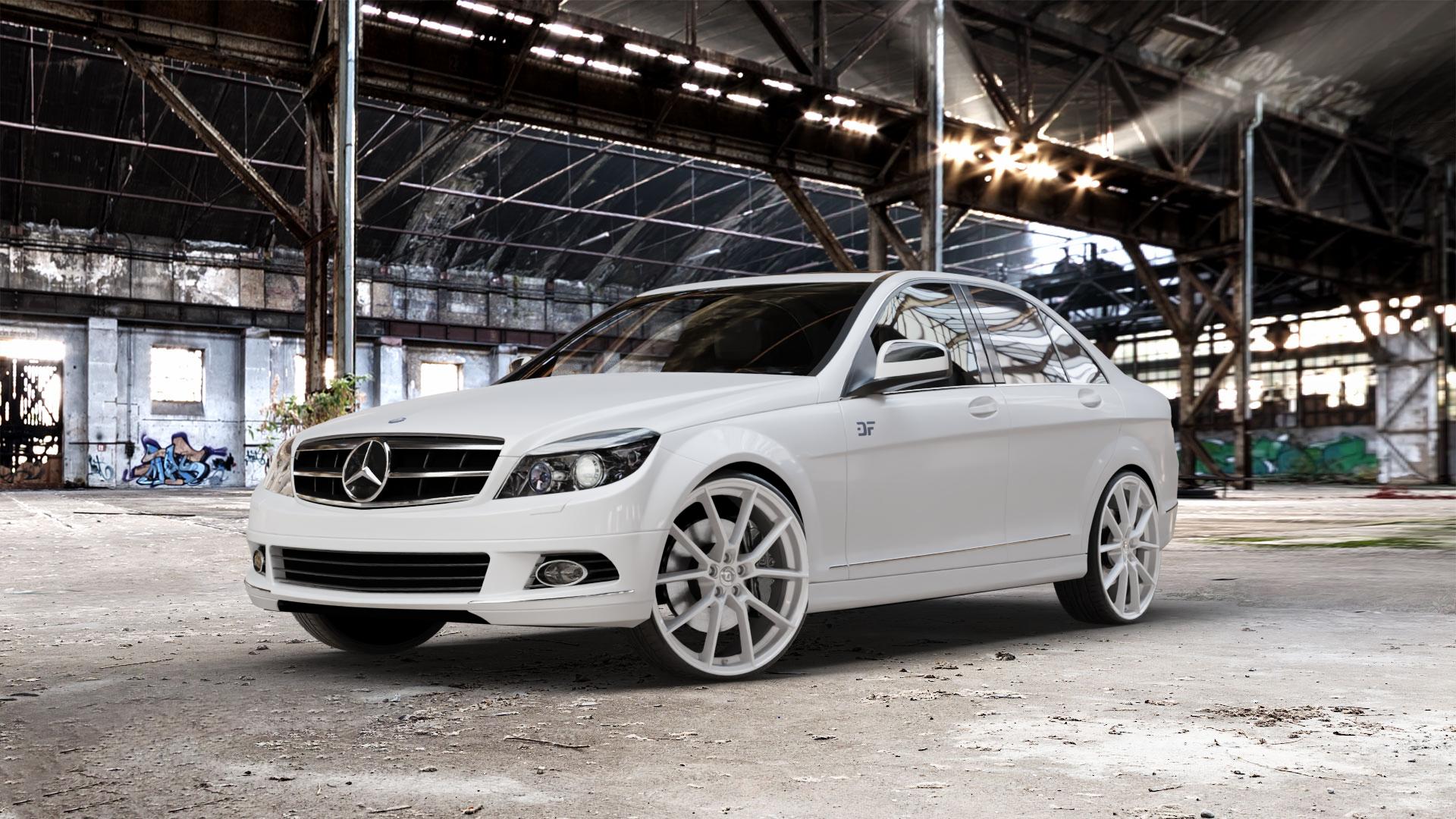DIEWE WHEELS Alla Argento silber Felge mit Reifen in 22Zoll Winterfelge Alufelge auf weissem Mercedes C-Klasse Typ W204 Limousine ⬇️ mit 15mm Tieferlegung ⬇️ Old Industrial Hall_max_5300mm_2024 Frontansicht_1