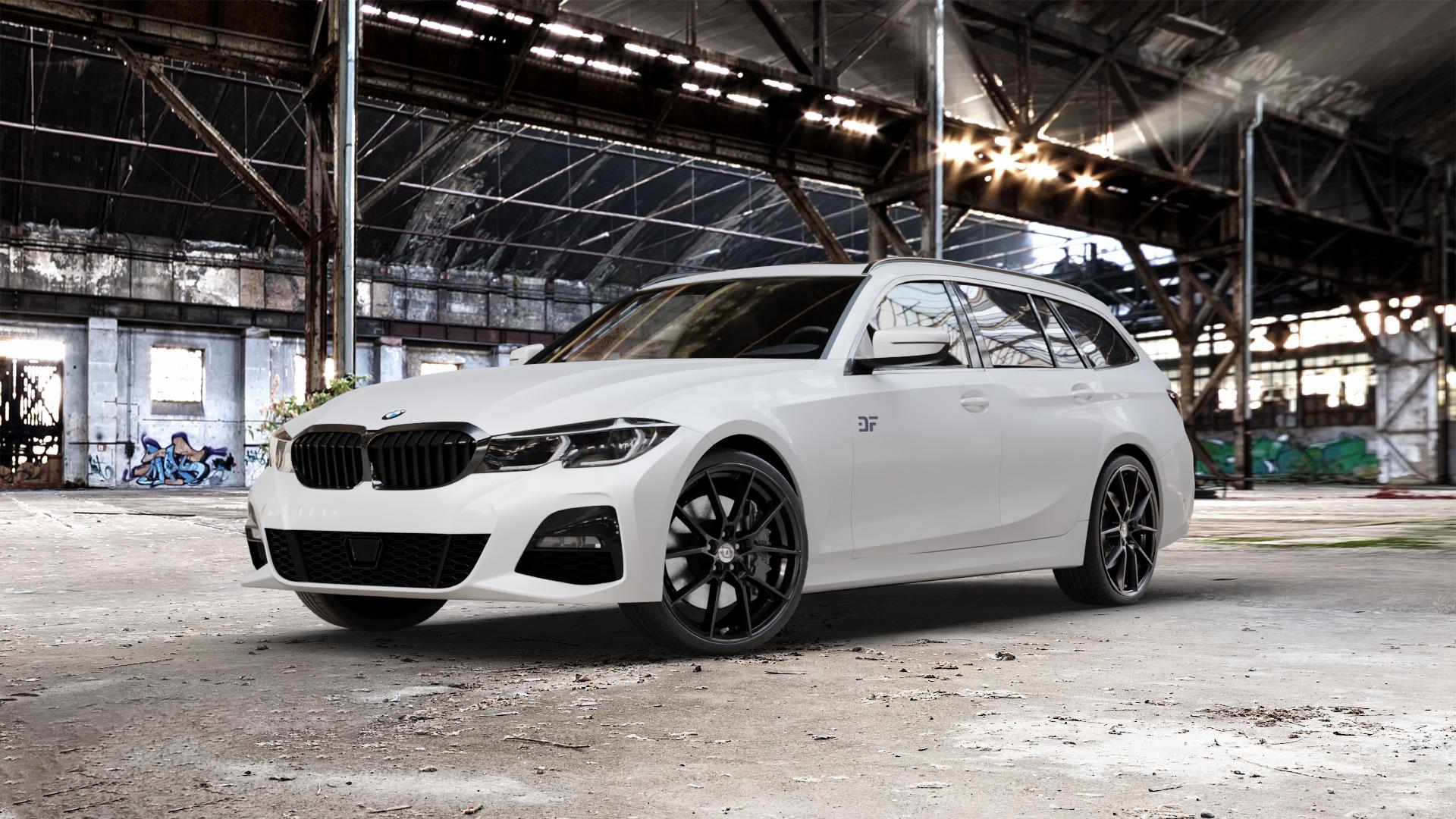 DIEWE WHEELS Alla NeroS Felge mit Reifen grau schwarz in 20Zoll Winterfelge Alufelge auf weissem BMW 3er G21 Touring (G3K) ⬇️ mit 15mm Tieferlegung ⬇️ Old Industrial Hall_max_5300mm_2024 Frontansicht_1