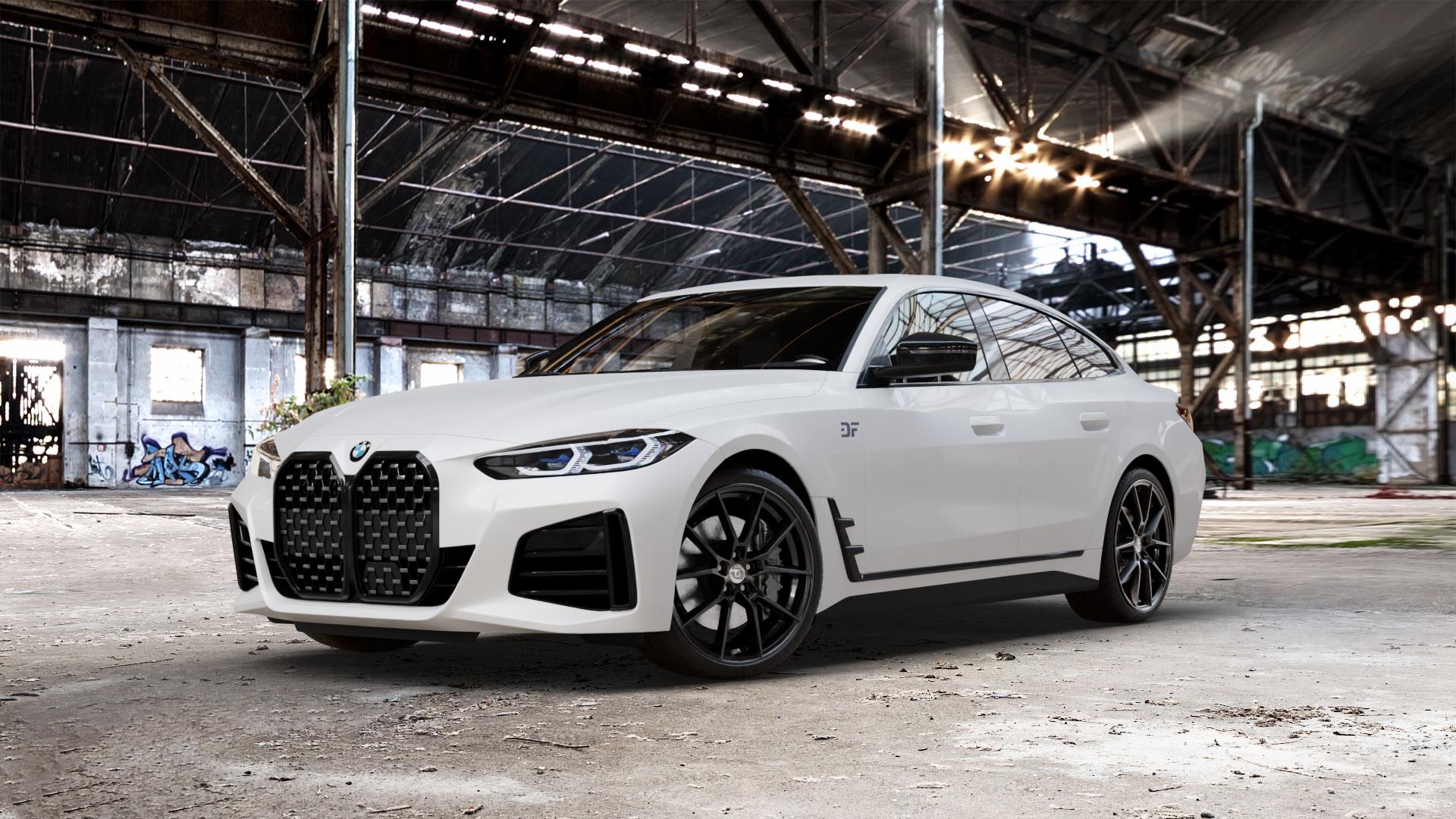 DIEWE WHEELS Alla NeroS Felge mit Reifen grau schwarz in 20Zoll Winterfelge Alufelge auf weissem BMW 4er G26 Gran Coupe (G4C) ⬇️ mit 15mm Tieferlegung ⬇️ Old Industrial Hall_max_5300mm_2024 Frontansicht_1