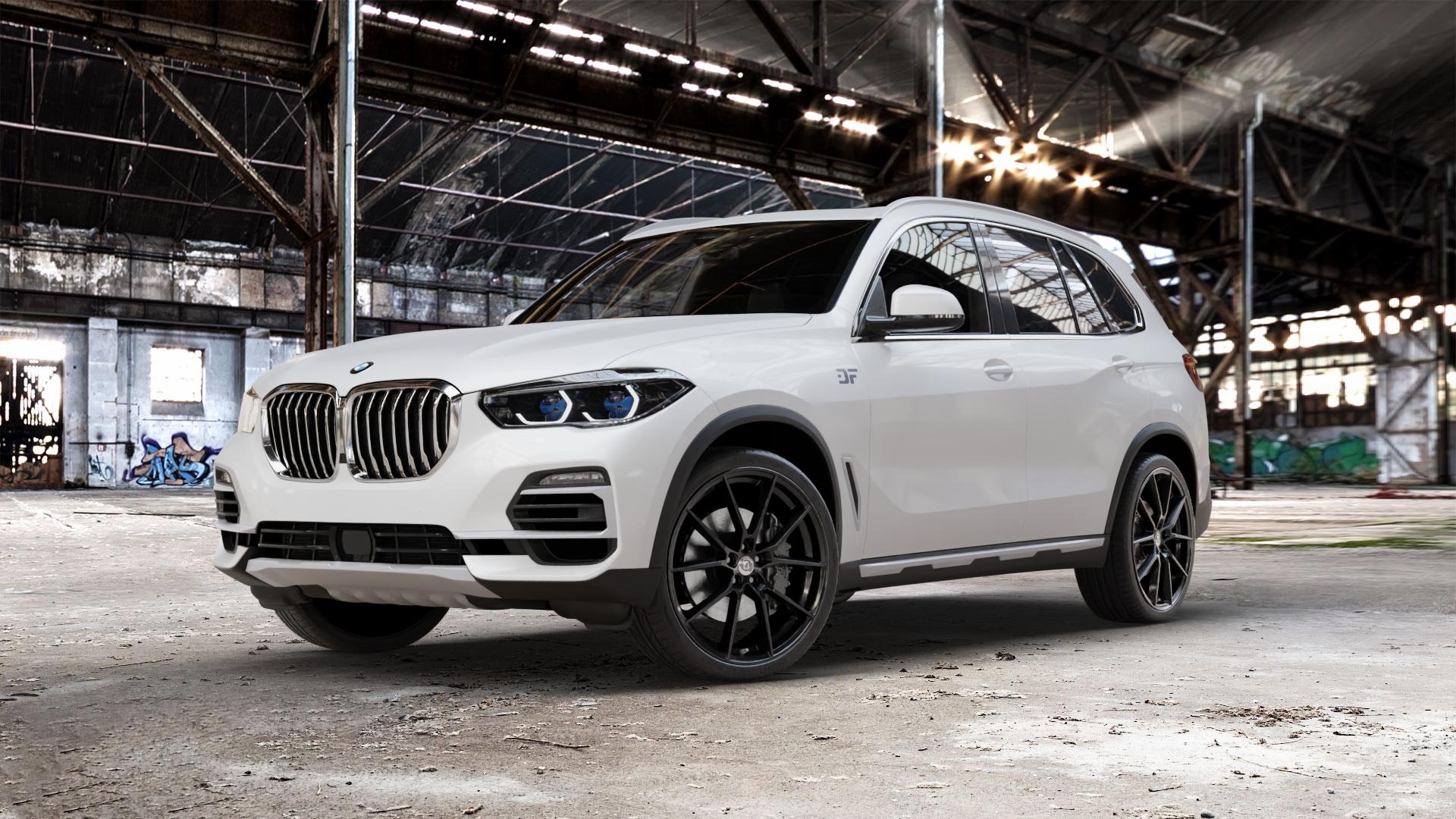 DIEWE WHEELS Alla NeroS Felge mit Reifen grau schwarz in 22Zoll Winterfelge Alufelge auf weissem BMW X5 Typ G05 (G5X) ⬇️ mit 15mm Tieferlegung ⬇️ Old Industrial Hall_max_5300mm_2024 Frontansicht_1