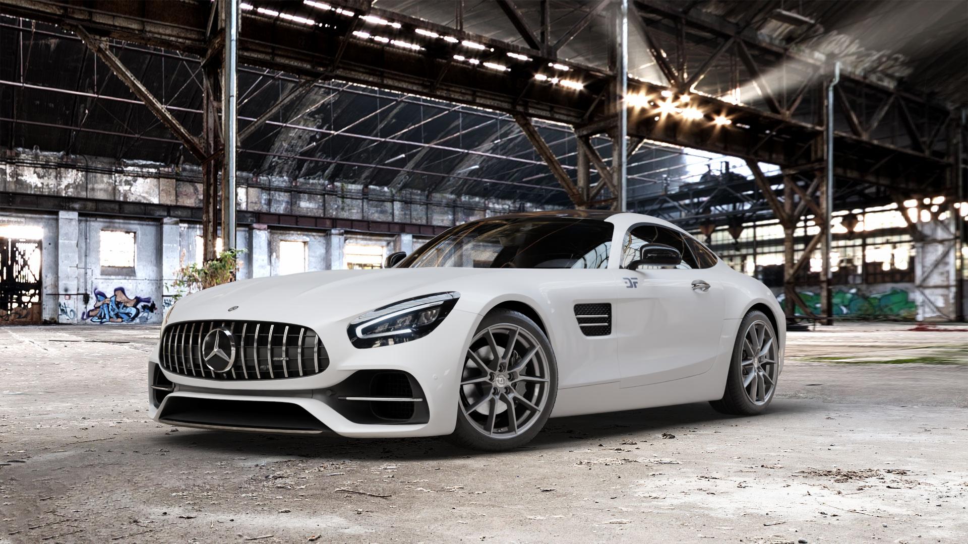 DIEWE WHEELS Alla PlatinS Felge mit Reifen grau anthrazit in 19Zoll Winterfelge Alufelge auf weissem Mercedes AMG GT Typ 197 ⬇️ mit 15mm Tieferlegung ⬇️ Old Industrial Hall_max_5300mm_2024 Frontansicht_1