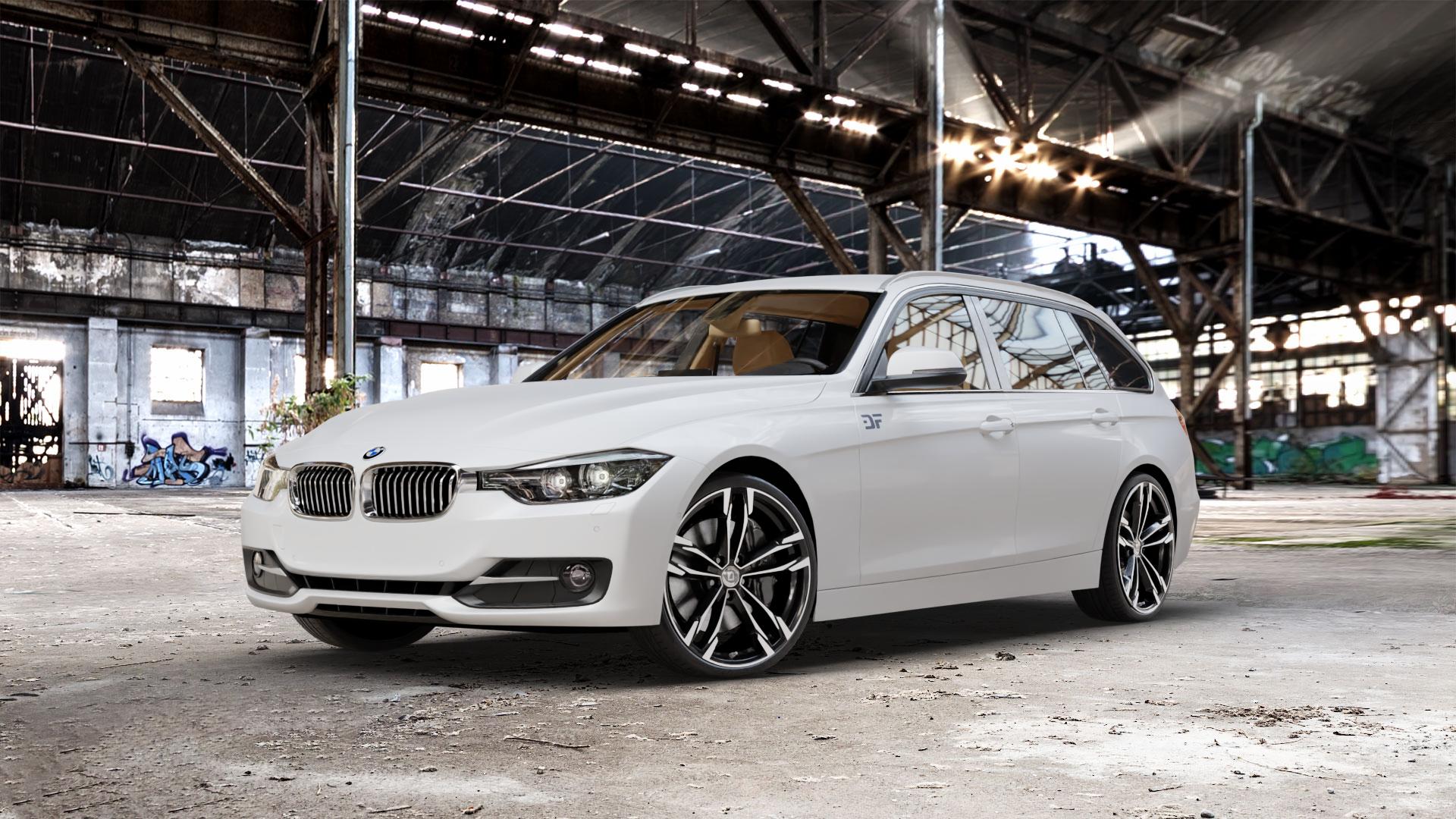 DIEWE WHEELS Avio NeroS machined Felge mit Reifen grau schwarz in 20Zoll Winterfelge Alufelge auf weissem BMW 320i Typ F31 (Touring) 328i 316d 318d 320d 316i EffDyn Edition 325d 335i xDrive 335d ⬇️ mit 15mm Tieferlegung ⬇️ Old Industrial Hall_max_5300mm_2024 Frontansicht_1
