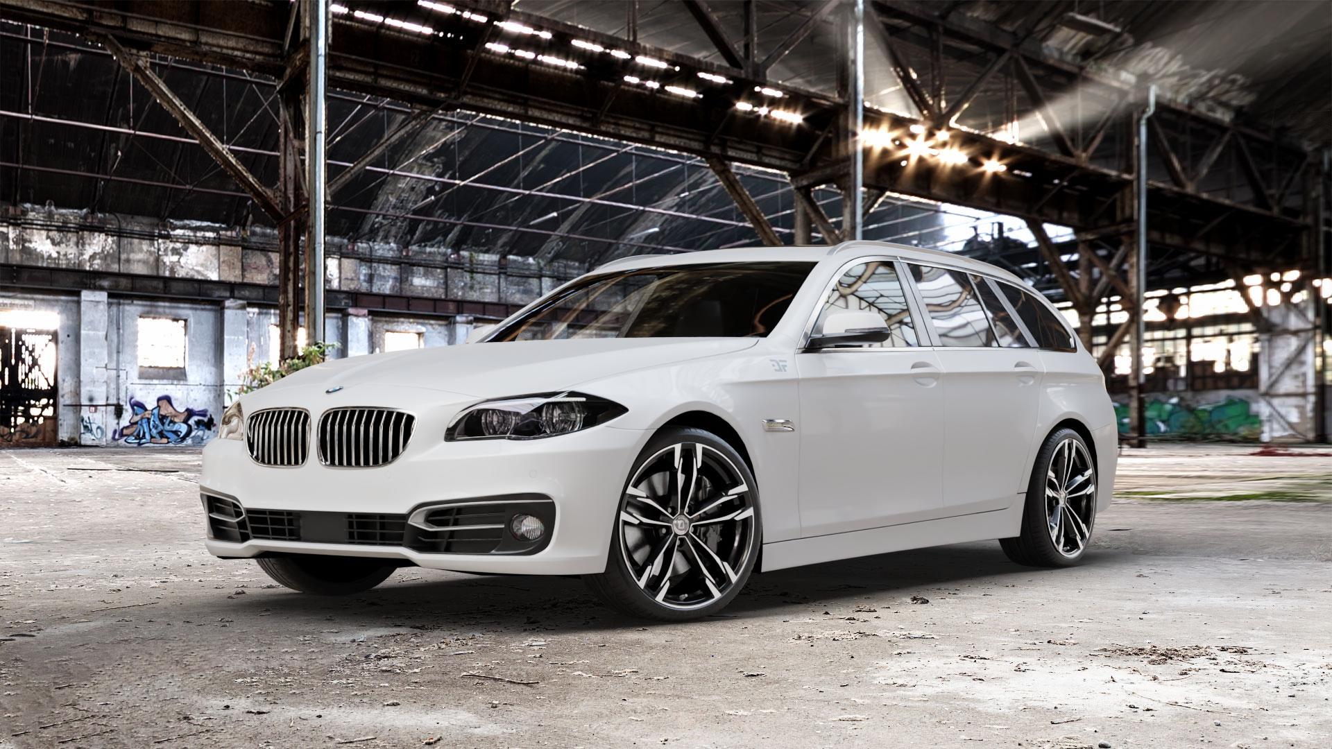 DIEWE WHEELS Avio NeroS machined Felge mit Reifen grau schwarz in 20Zoll Winterfelge Alufelge auf weissem BMW 523i Typ F11 (Touring) 535i 520d 530d 528i xDrive 530i 550i 520i 525d 535d 518d 5er Touring (5K, K-N1) ⬇️ mit 15mm Tieferlegung ⬇️ Old Industrial Hall_max_5300mm_2024 Frontansicht_1
