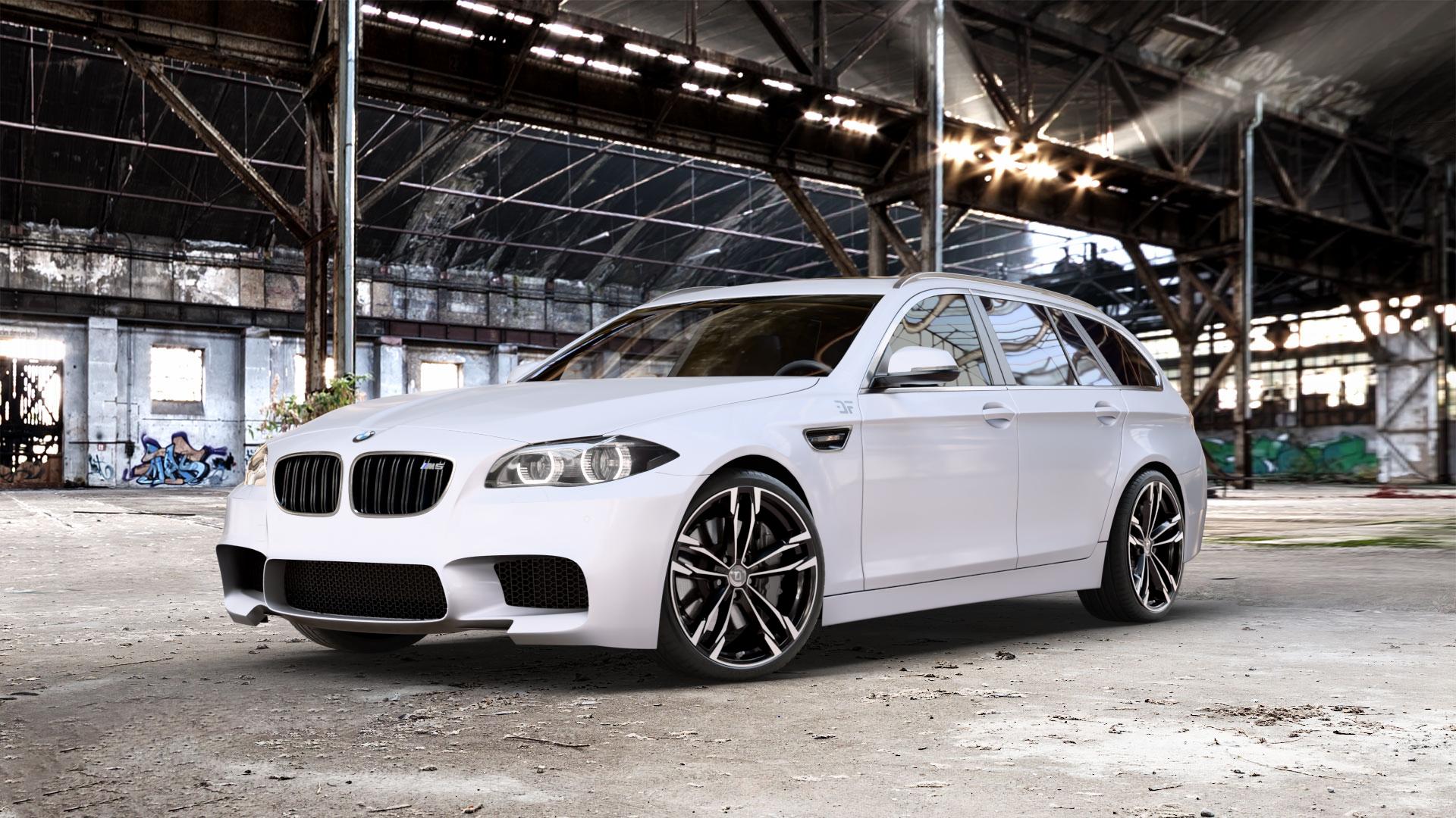 DIEWE WHEELS Avio NeroS machined Felge mit Reifen grau schwarz in 20Zoll Winterfelge Alufelge auf weissem BMW M550d xDrive Typ F11 (Touring) 3,0l 280kW (381 PS) ⬇️ mit 15mm Tieferlegung ⬇️ Old Industrial Hall_max_5300mm_2024 Frontansicht_1