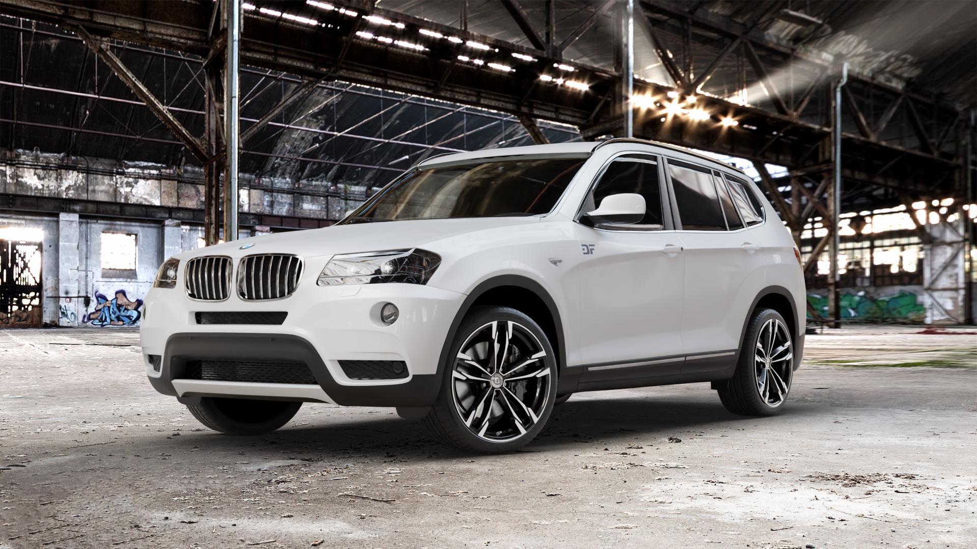 DIEWE WHEELS Avio NeroS machined Felge mit Reifen grau schwarz in 20Zoll Winterfelge Alufelge auf weissem BMW X3 Typ F25 (X3, X-N1) ⬇️ mit 15mm Tieferlegung ⬇️ Old Industrial Hall_max_5300mm_2024 Frontansicht_1