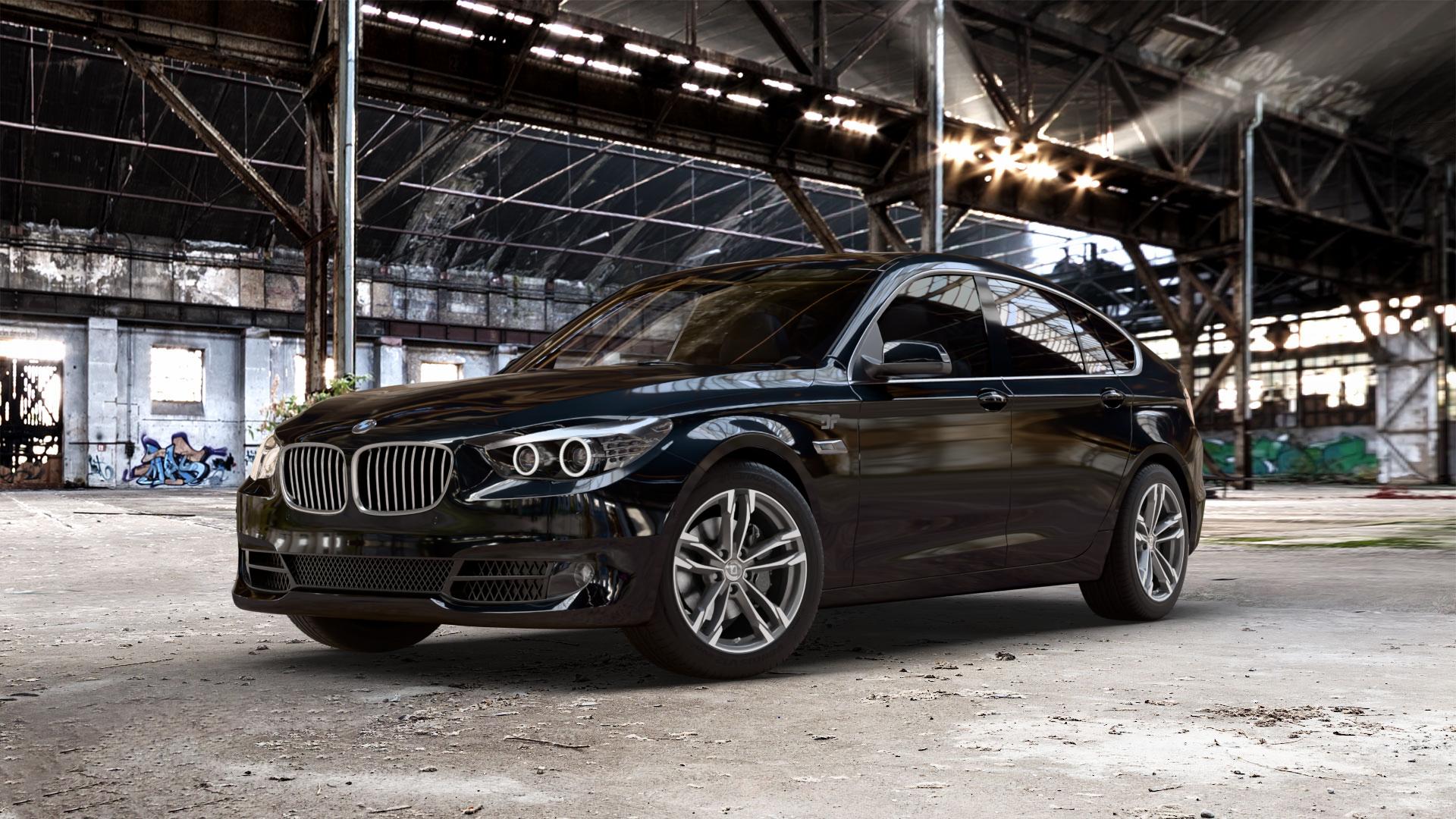 DIEWE WHEELS Avio PlatinS machined Felge mit Reifen grau silber mehrfarbig anthrazit in 18Zoll Winterfelge Alufelge auf schwarzem BMW 535i GT Typ F07 xDrive 550i 530d 535d 520d 528i 5er Gran Turismo (GT, K-N1) ⬇️ mit 15mm Tieferlegung ⬇️ Old Industrial Hall_max_5300mm_2024 Frontansicht_1