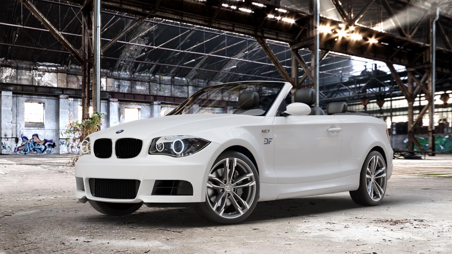 DIEWE WHEELS Avio PlatinS machined Felge mit Reifen grau silber mehrfarbig anthrazit in 18Zoll Winterfelge Alufelge auf weissem BMW 118i Typ E88 (Cabriolet) 120d 120i 125i 135i 123d 118d 1er Cabrio (182, 1C) ⬇️ mit 15mm Tieferlegung ⬇️ Old Industrial Hall_max_4400mm_2024 Frontansicht_1