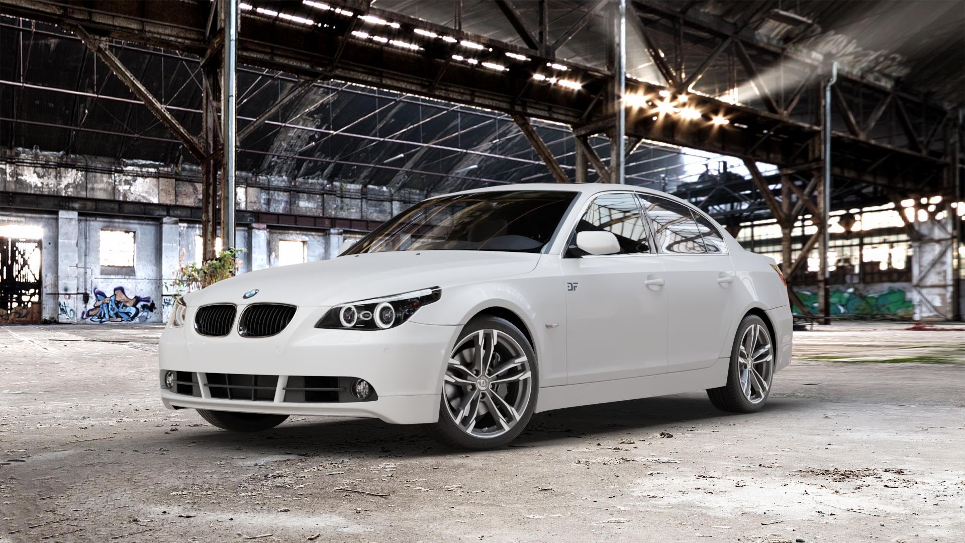 DIEWE WHEELS Avio PlatinS machined Felge mit Reifen grau silber mehrfarbig anthrazit in 18Zoll Winterfelge Alufelge auf weissem BMW 520i Typ E60 (Limousine) 525i 530i 530d 525d M5 535d 545i 523i 540i 550i 520d 525xd 530xd 530xi 525xi 5er Limousine (560L, 560X) ⬇️ mit 15mm Tieferlegung ⬇️ Old Industrial Hall_max_5300mm_2024 Frontansicht_1