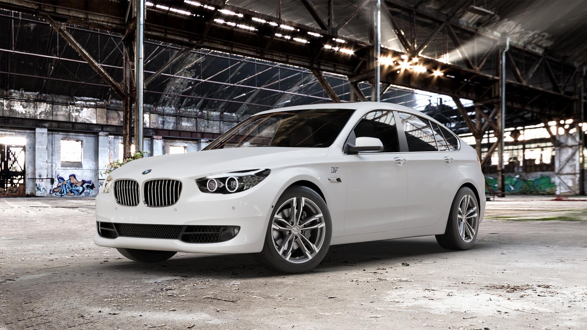 DIEWE WHEELS Avio PlatinS machined Felge mit Reifen grau silber mehrfarbig anthrazit in 18Zoll Winterfelge Alufelge auf weissem BMW 535i GT Typ F07 xDrive 550i 530d 535d 520d 528i 5er Gran Turismo (GT, K-N1) ⬇️ mit 15mm Tieferlegung ⬇️ Old Industrial Hall_max_5300mm_2024 Frontansicht_1